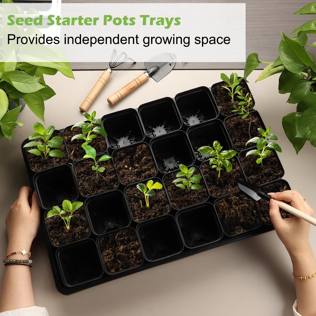 RooTrimmer 2.8 inch (7CM) Square Nursery Pots 120pcs with 5 Pack Seed Starter Trays, Durable Plastic Flat Seedling Tray (17"x11"x2") for Carrying and Holding Plant Nursery Pot (Black)