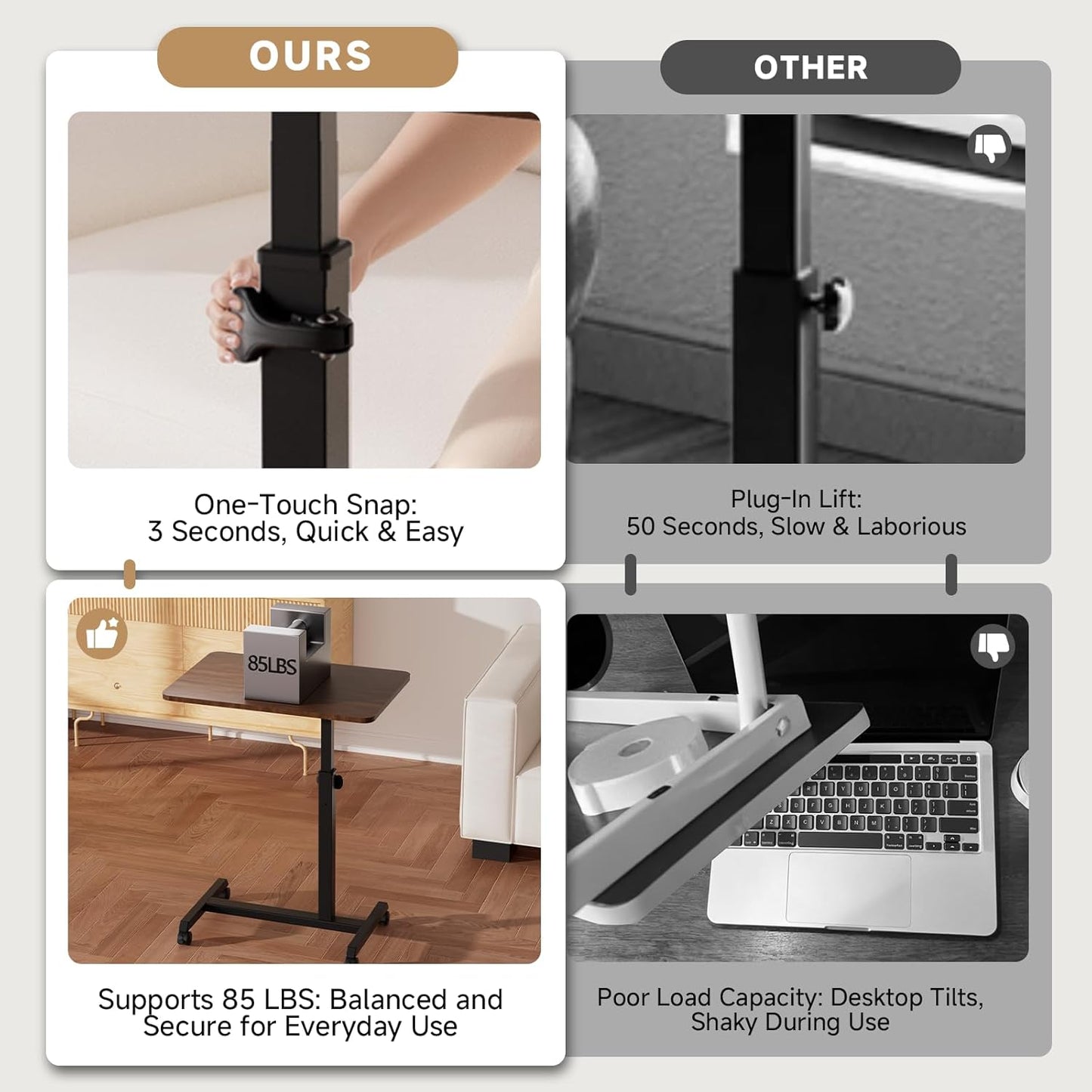 GTPLAYER Small Standing Desk, 24 Inches Foldable Mobile Rolling Laptop PC Table with Lockable Casters, Adjustable Height Overbed Bedside Table Computer Workstation for Home Office, Walnut-Foldable