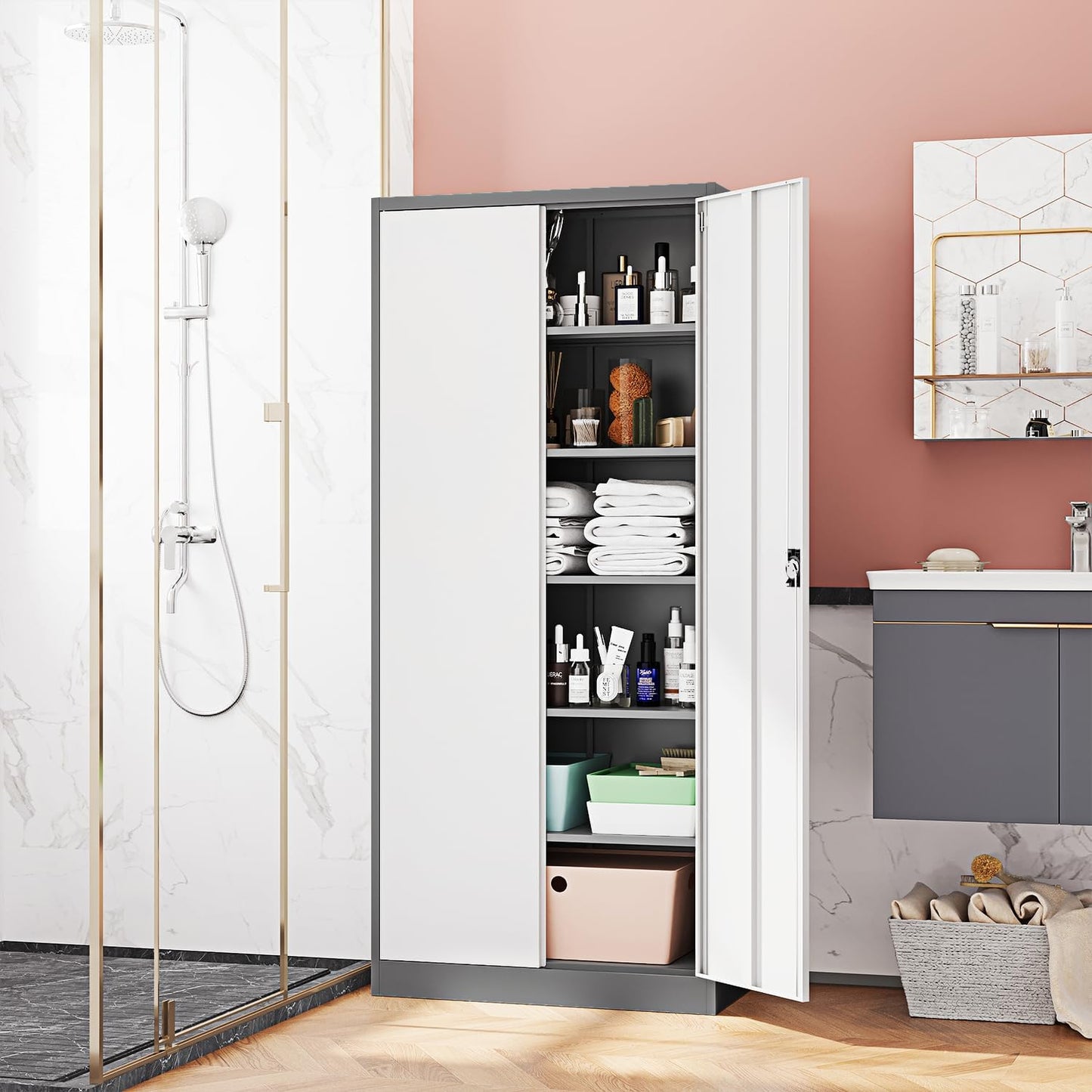 Fesbos Metal Storage Cabinet-71” Tall Steel File Cabinets with Lockable Doors and Adjustable Shelves-Gray&White Steel Storage Cabinet for Home,Kitchen, School, Office, Garage