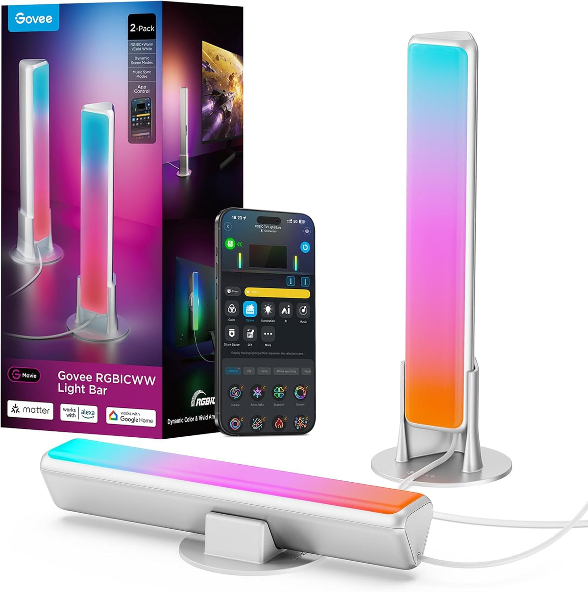 Govee Smart LED Light Bars, Work with Alexa and Google Assistant, RGBICWW WiFi TV Backlights with Scene and Music Modes for Gaming, PC, Living Room Decoration, Black