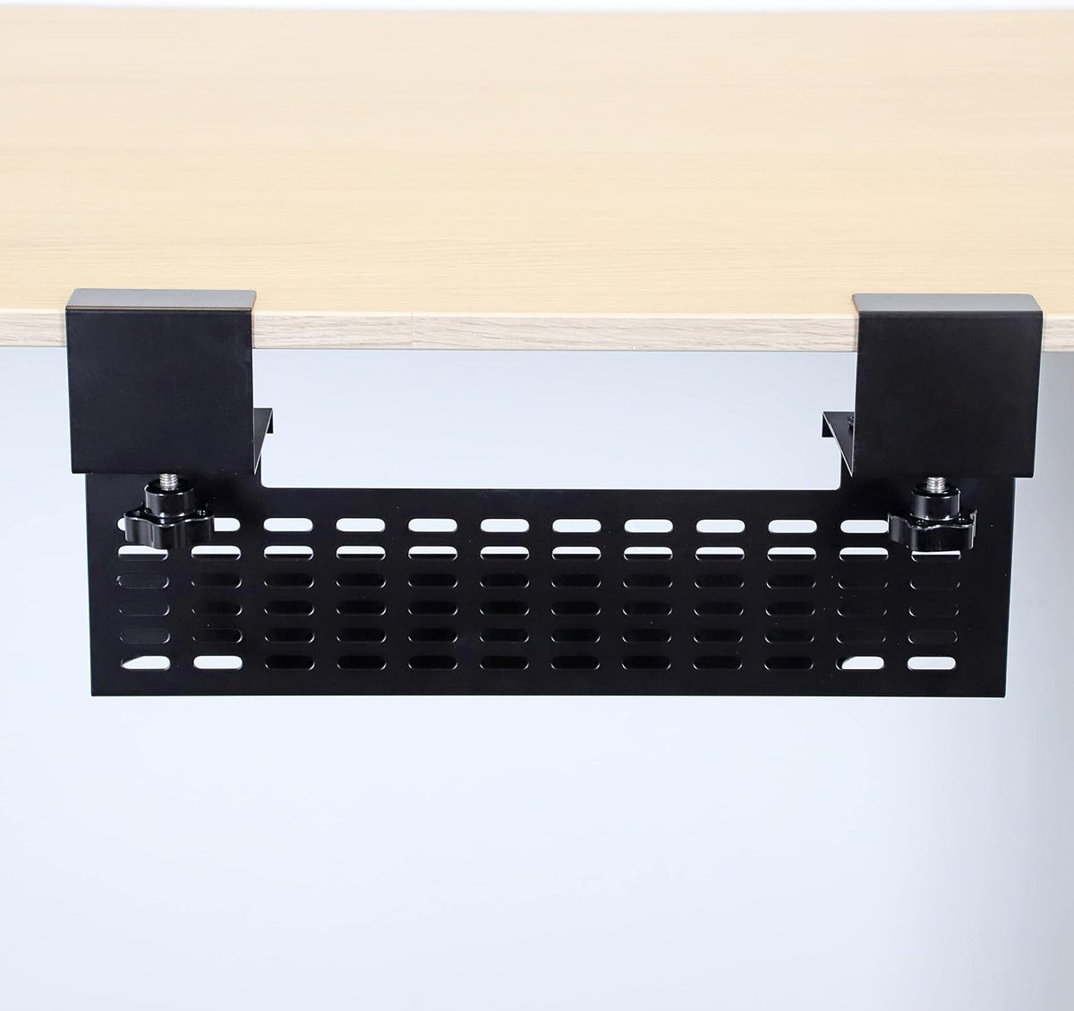 AEONS Universal Under Desk Cable Management Tray-Clamp Mount Hinged Swing Modesty Panel Organizer for Office Desks, Easy Access Flip-Down Position Power Strip Cord Storage No-Drill, 25 lb Capacity