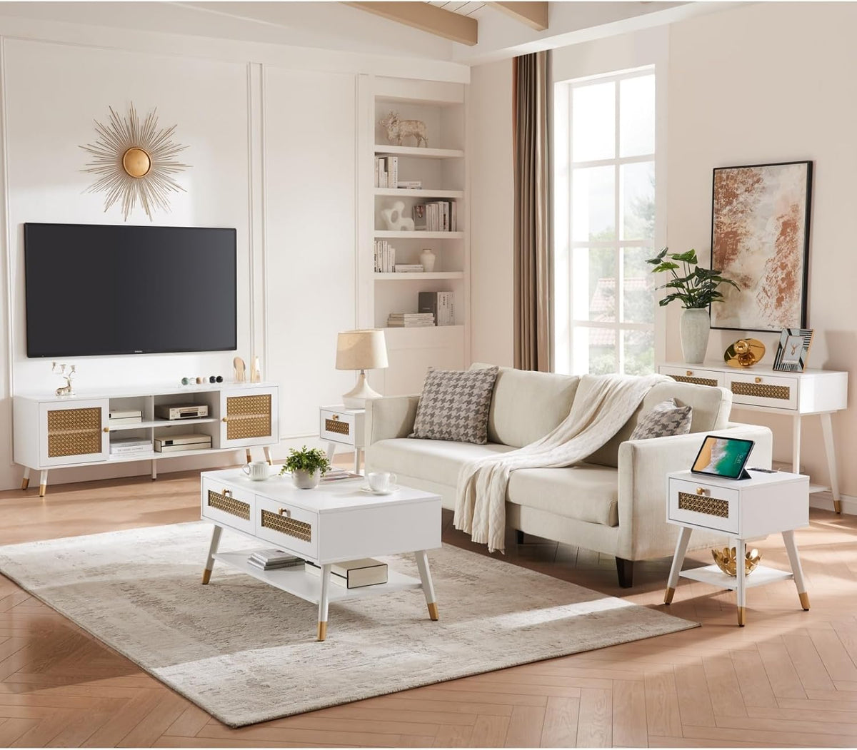 JYED DECOR White Coffee Table with Storage Drawers & Open Shelf, Mid Century & Boho Living Room Table with Gold Metal Designed for Home