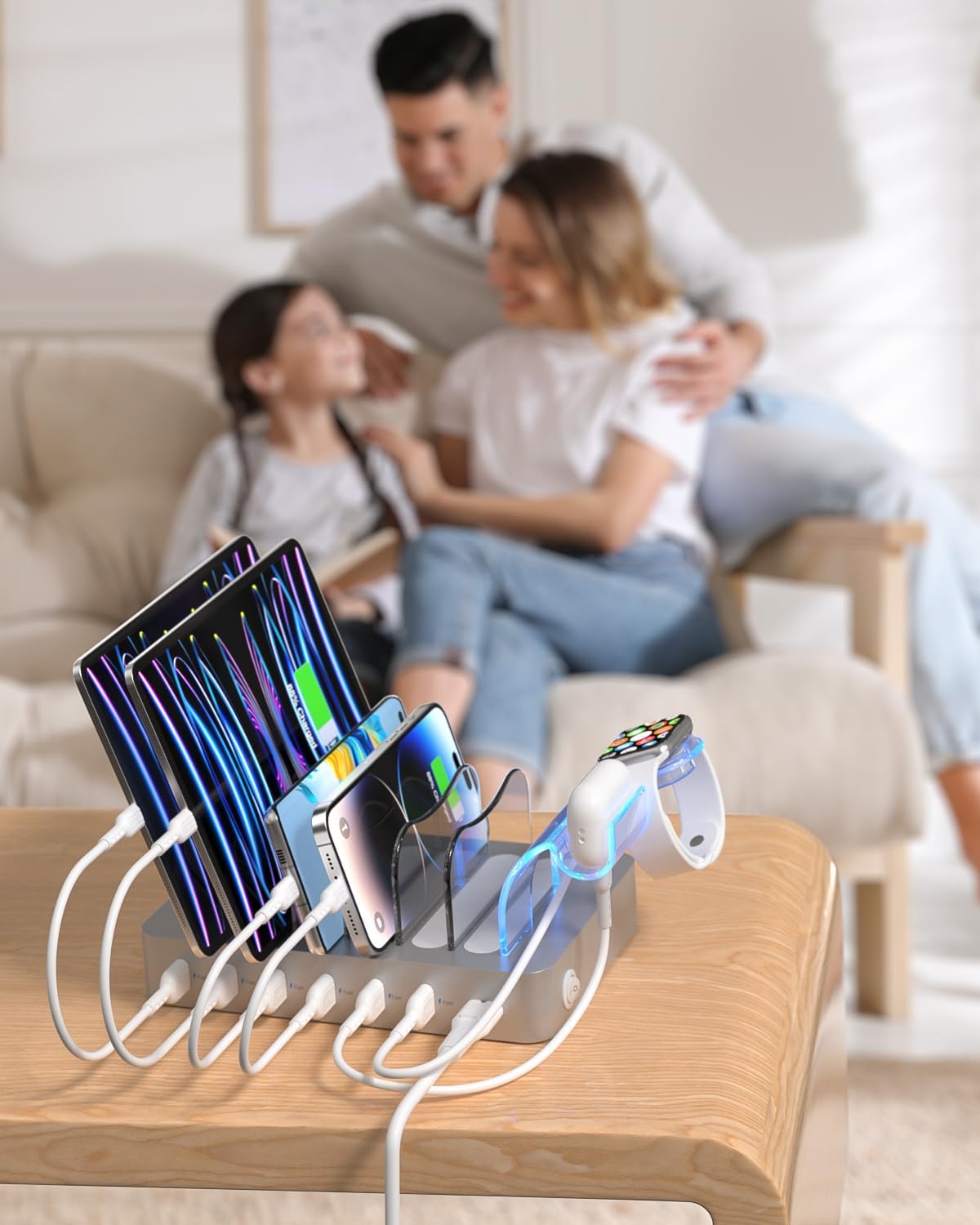 SooPii Premium 6-Port USB Charging Station Organizer for Multiple Devices | Included 6 Short Charging Cables and One Upgraded i-Watch Charger Holder for Phones,Tablets and Other Electronics, Silver