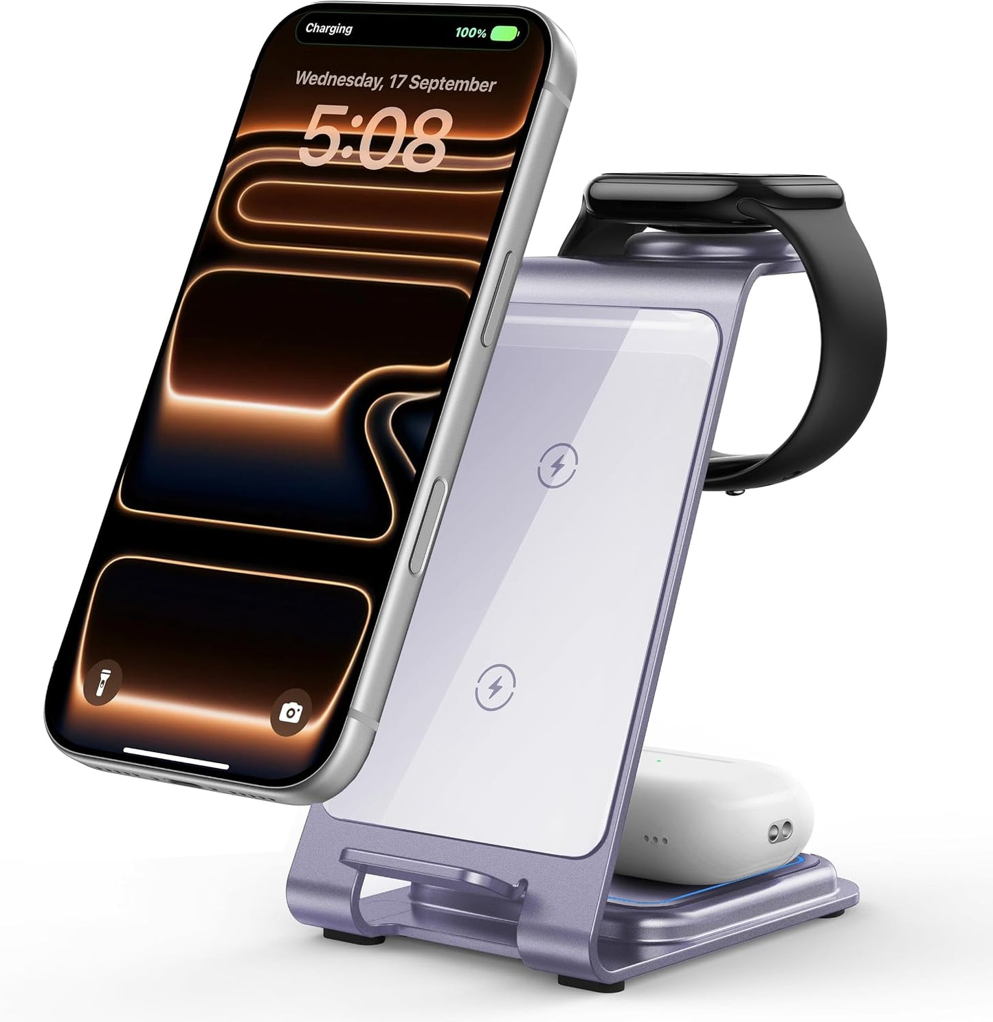 Intoval Aluminum 3 in 1 Wireless Charging Station for iPhone 17 16 15 14 13 12 11 Pro Max XR, Wireless Charger for Apple Watch 11 10 9 8 7 Ultra SE 3 2, Phone Charger for AirPods 4 Pro 2 3 (Silver)
