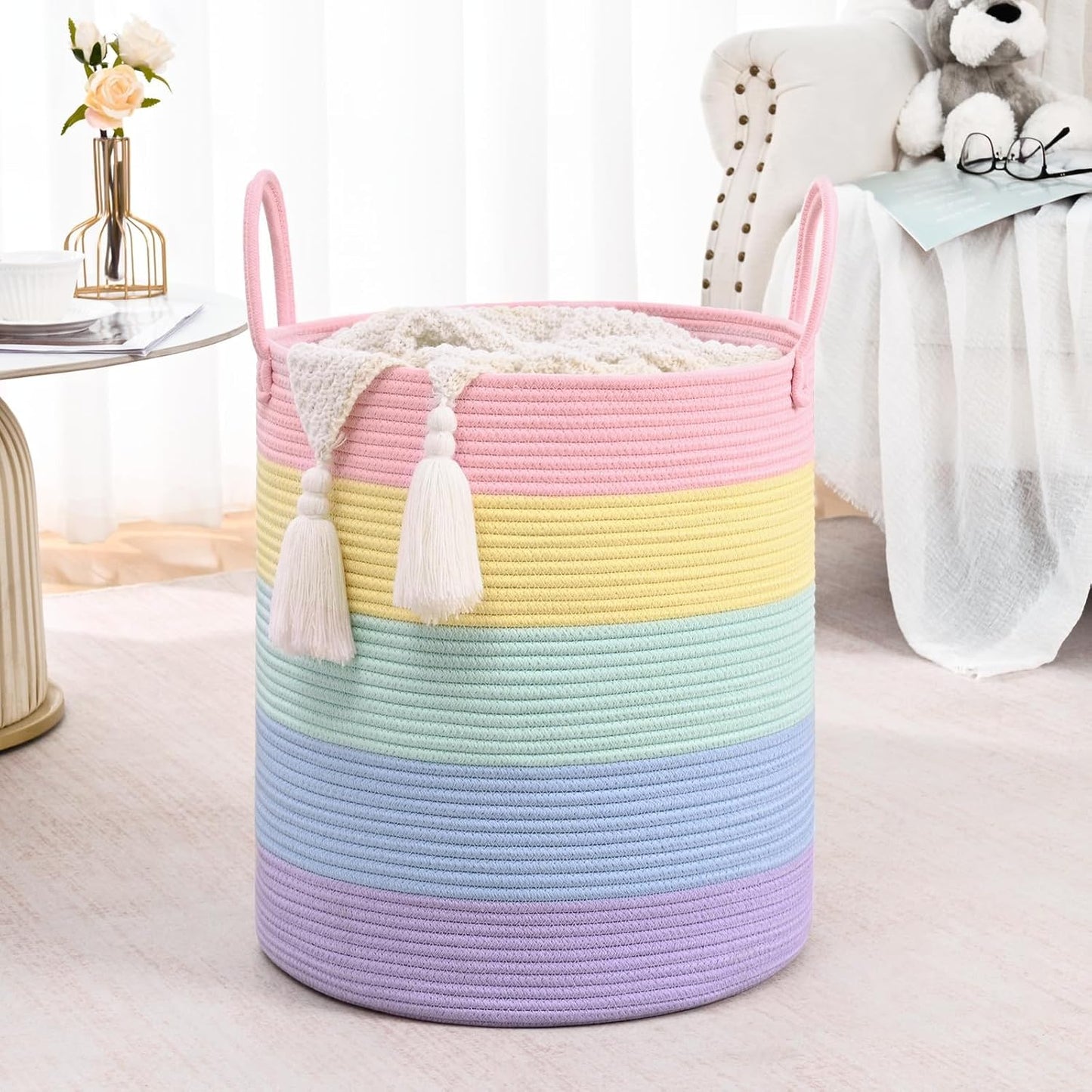 Laundry Hamper for Organizing, 52L Large Laundry Baskets, Cotton Rope Woven Blanket Basket, Collapsible Laundry Hamper for Living Room, Nursery, 15"×18", Light Rainbow
