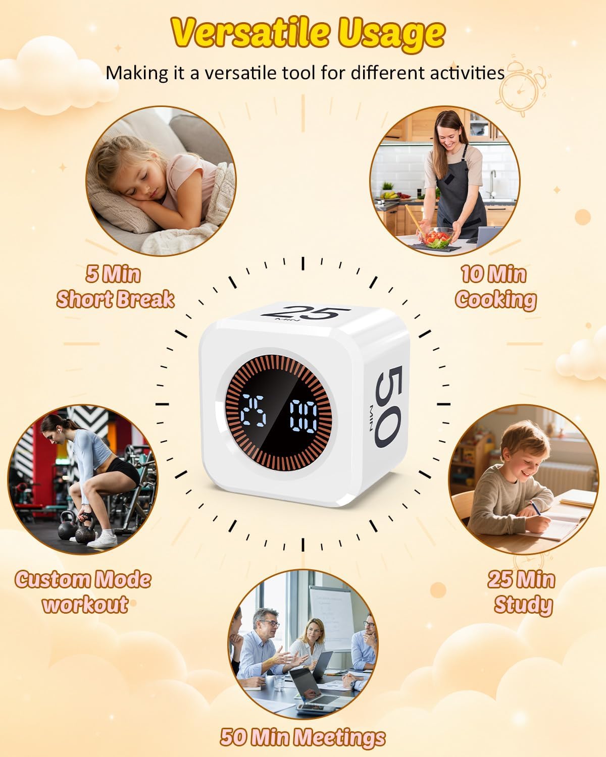 Digital Pomodoro Timer Cube 5/10/25/50min Preset, Silent & Sound Alarm