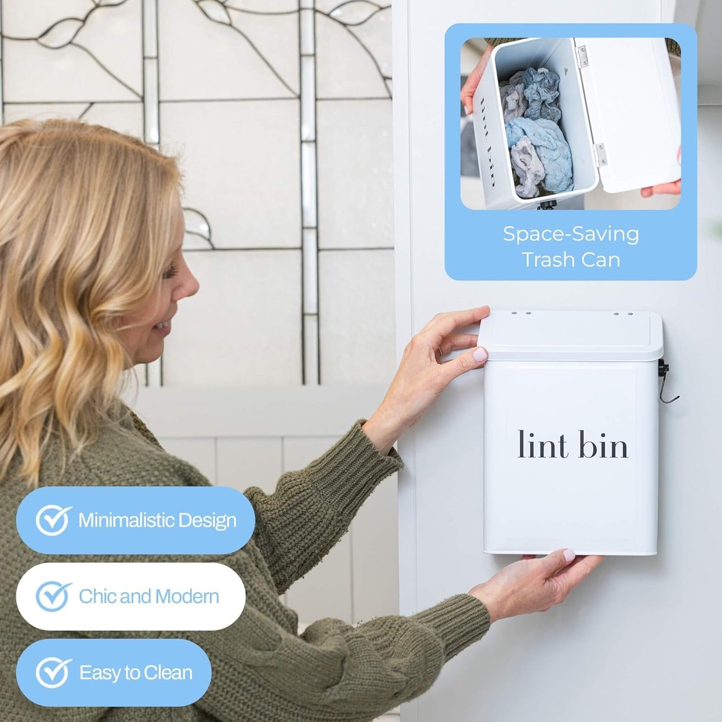 Magnetic Laundry Lint Bin for Dryer | Wall-Mounted Small Trash Can for Laundry Room | Includes Magnetic Hook & Lint Brush | Space-Saving Magnetic Laundry Trash Can | Matte White