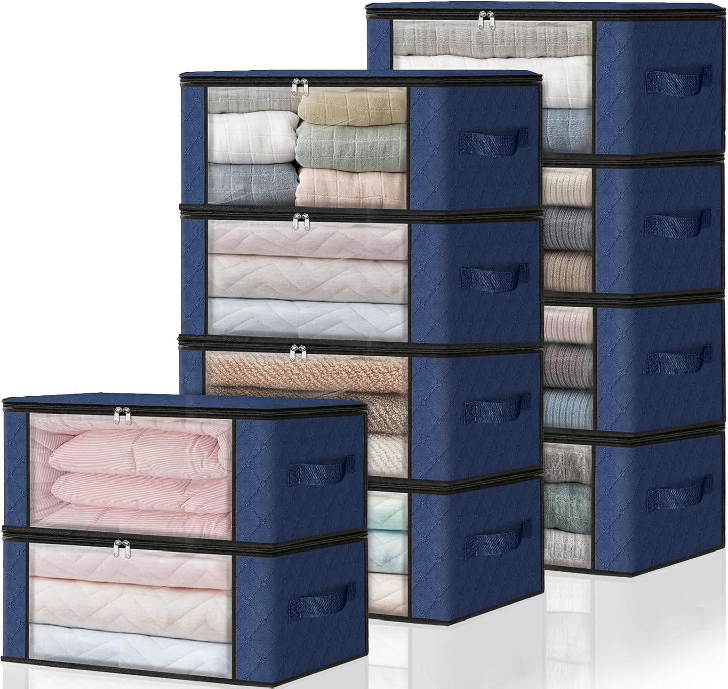 HomeHacks Storage 3-Pack Clothes Organizer Storage Bags Foldable Storage Box with Large Clear Window Sturdy Handles for Closet, Dorm, Pillows, Bedding, Clothes, Blankets, 35L, Beige
