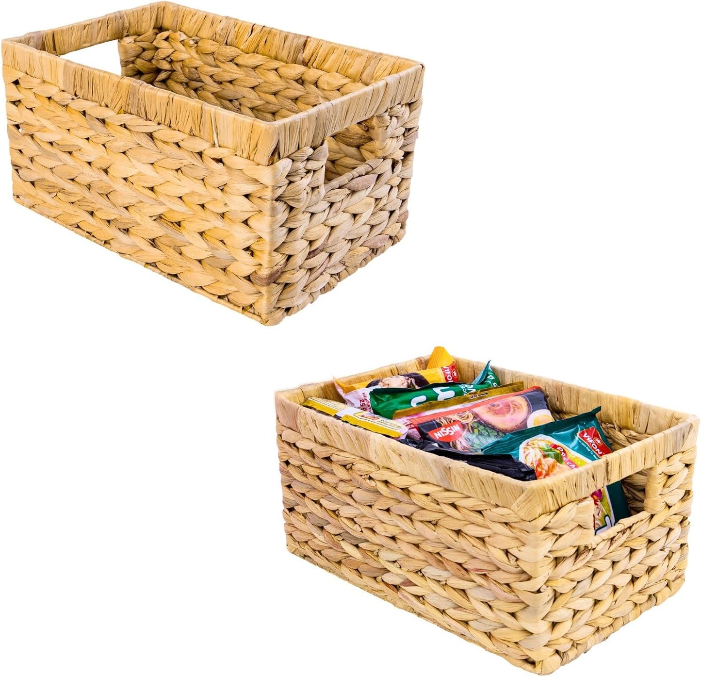 M4DECOR Set of 3 Rectangular Wicker Storage Baskets for Shelves | Water Hyacinth Storage Baskets, Pantry Baskets for Organizing, Handwoven Wicker Baskets for Storage