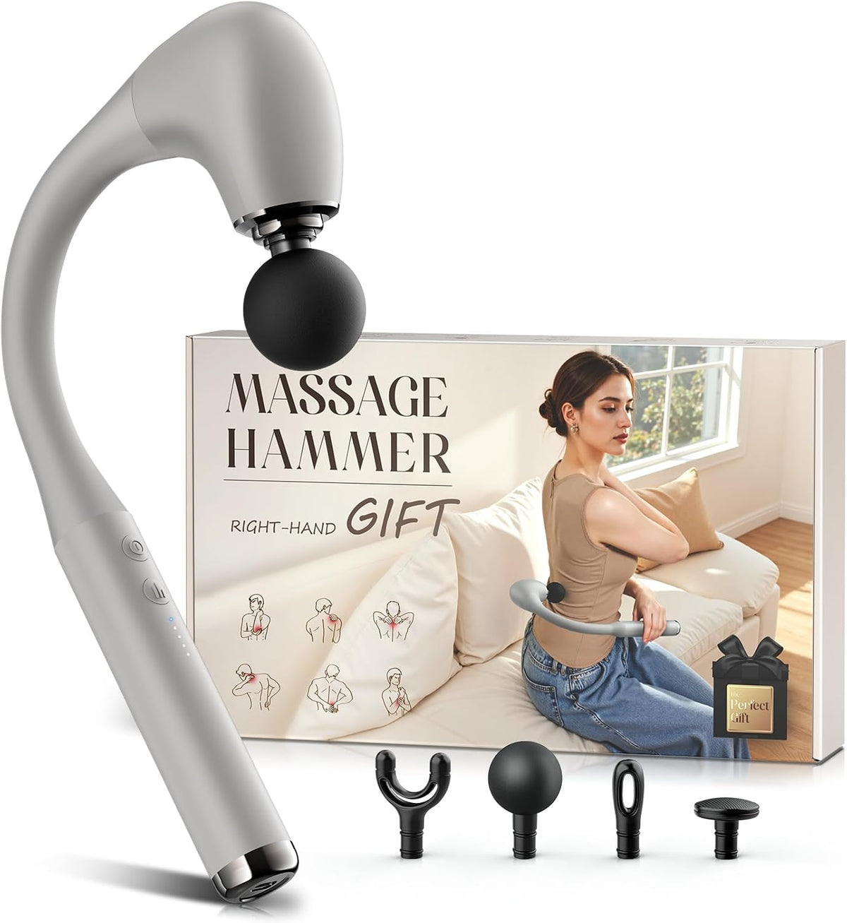 FVZ White Percussion Massage Gun with Upgraded Extension Handle, 10MM Massage Gun Deep Tissue, Muscles/Neck/Shoulders/Waist/Legs Massager Portable for Pain Relief
