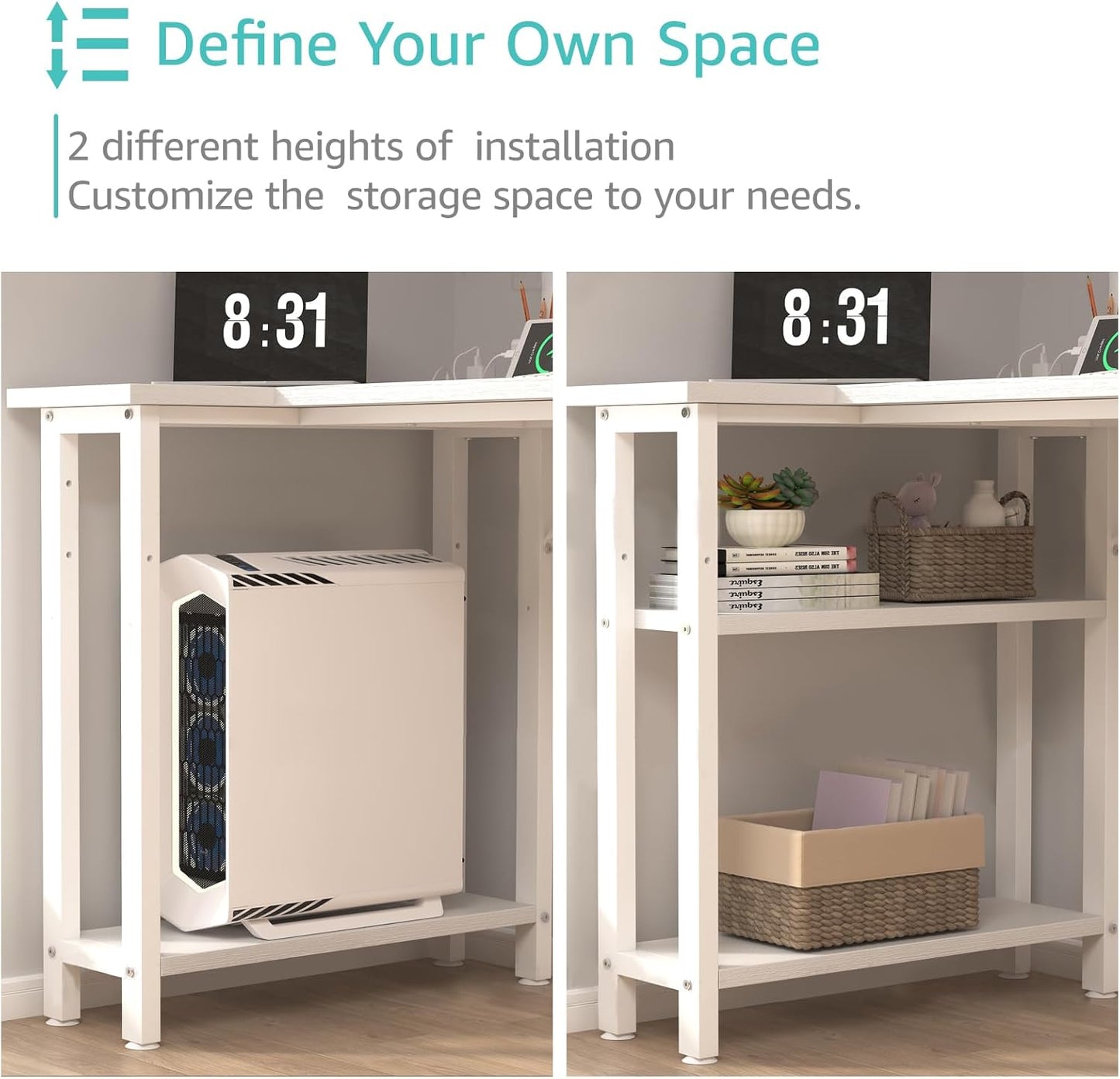 Lufeiya White L Shaped Computer Desk with Drawers & Storage Shelves, 47 Inch Corner Reversible Desk with Power Outlet for Home Office Bedroom, L-Shaped Teen PC Desks with Fabric Drawer, White