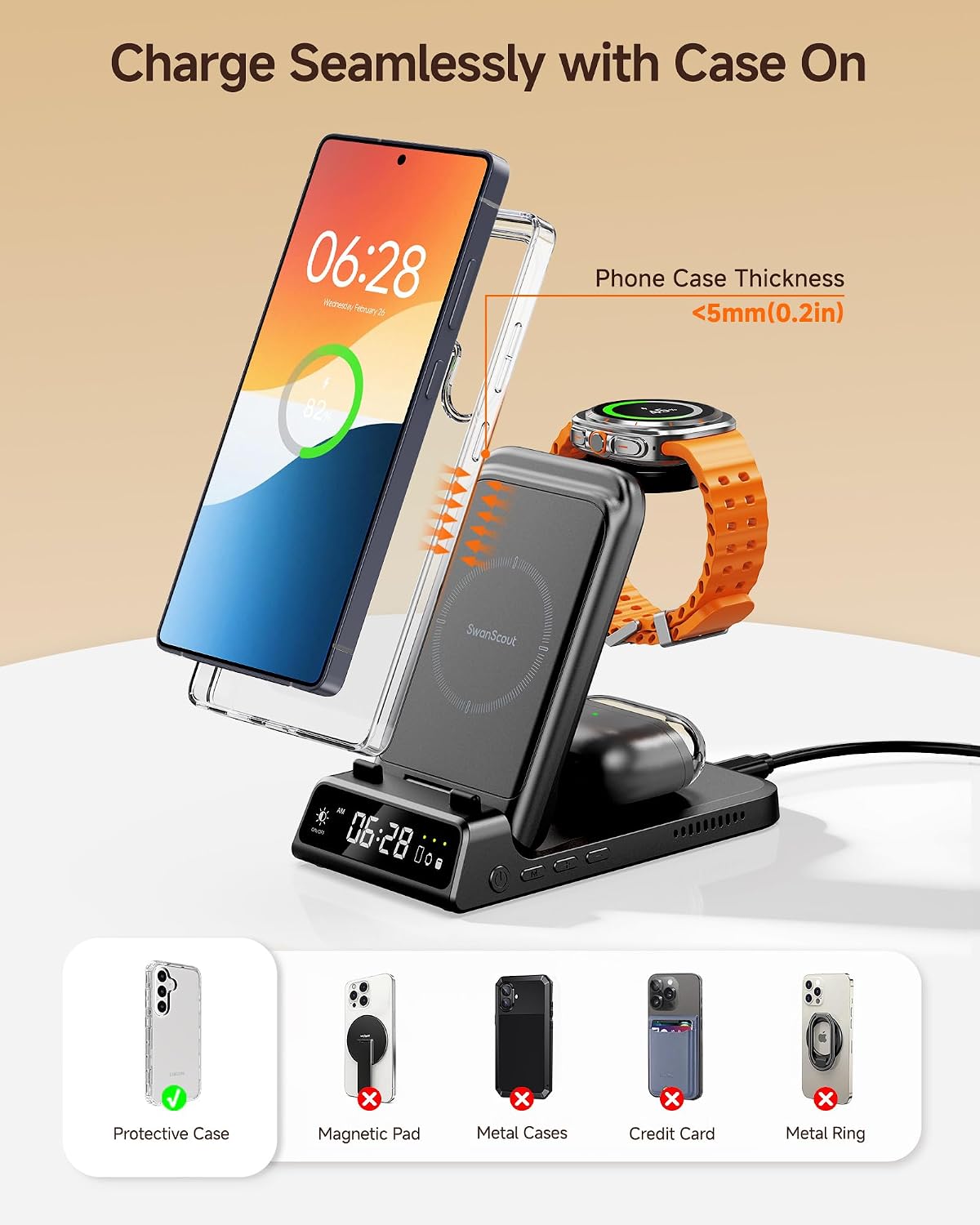 Charging Station for Samsung Phone, Watch & Buds, SwanScout 703S (Black) | Foldable for Travel, Not for Samsung Watch 9/Ultra 2, Works on Nightstand or Desk, Built-in Clock, Adapter Not Included