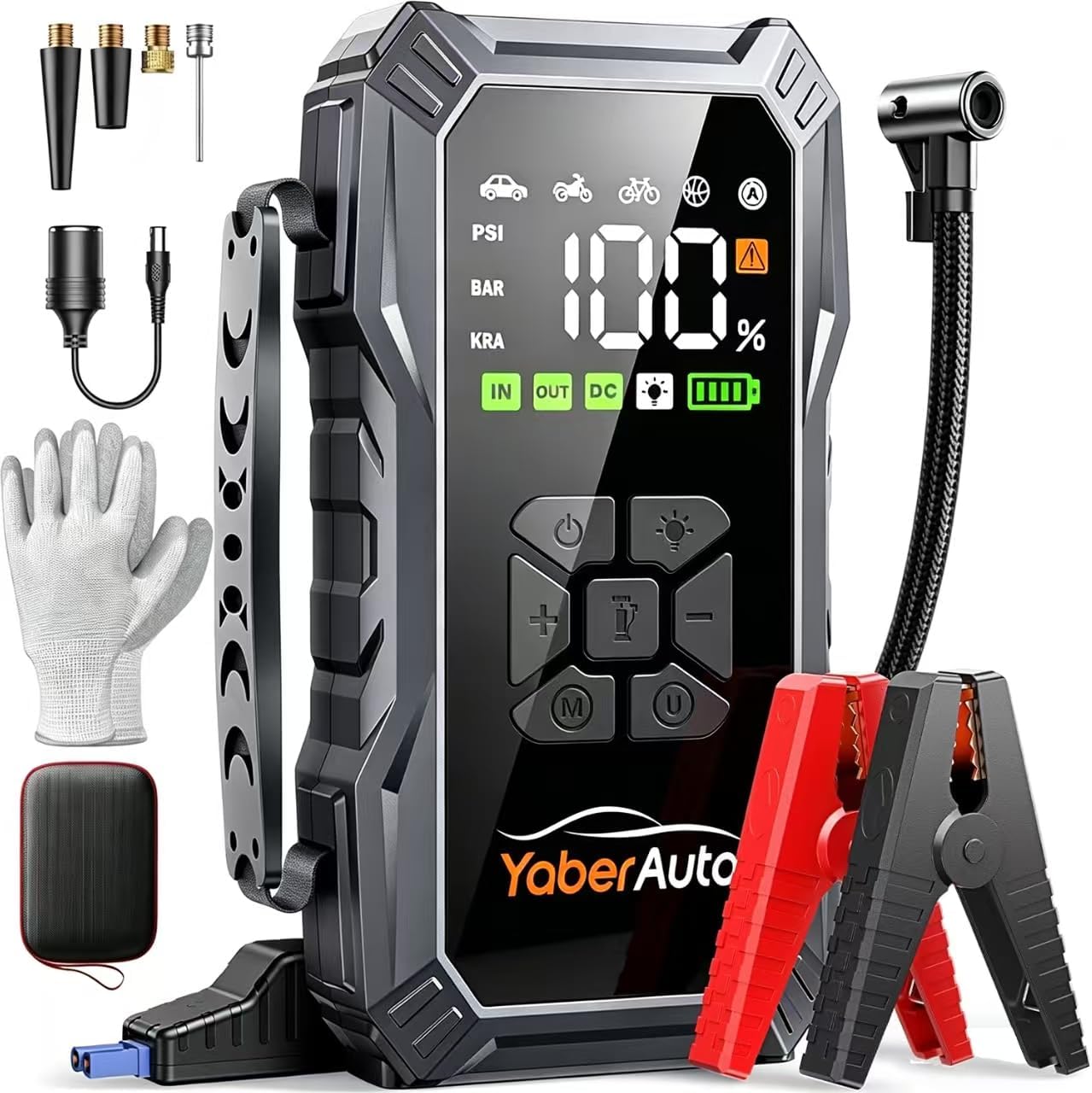YaberAuto 12-in-1 Jump Starter with Air Compressor 8000A 160PSI 65W Charging, Portable Car Battery Jump Starter (All Gas/14L Diesel) Jump Box Car Battery Jumper Starter Portable Jumper Cables, 160W DC