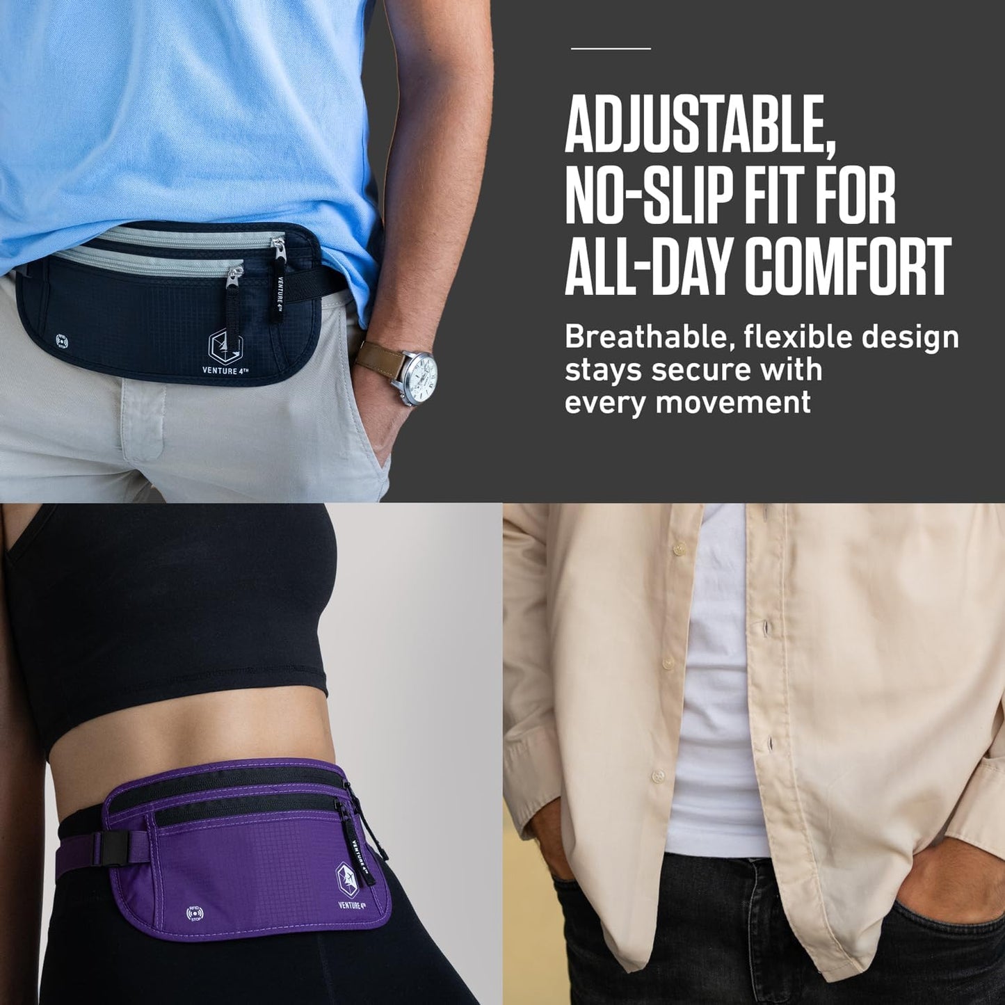VENTURE 4TH Money Belt for Travel – Slim Hidden Under-Clothes RFID Blocking Anti-Theft Passport Holder & Travel Wallet Pouch for Men & Women to Protect Cash, Cards & Documents (Black)