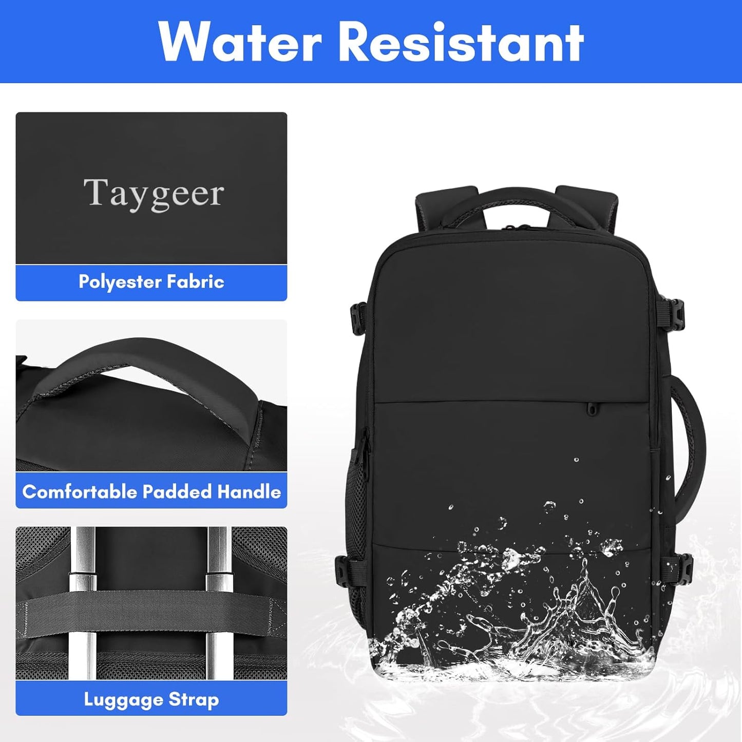 Taygeer Travel Laptop Backpack for Men Women, Airplane Approved Travel Backpack Suitcase with Water Bottle Pocket, Lightweight College 35l Luggage Bag 15.6inch Laptop Mochila Gifts for Business,Black