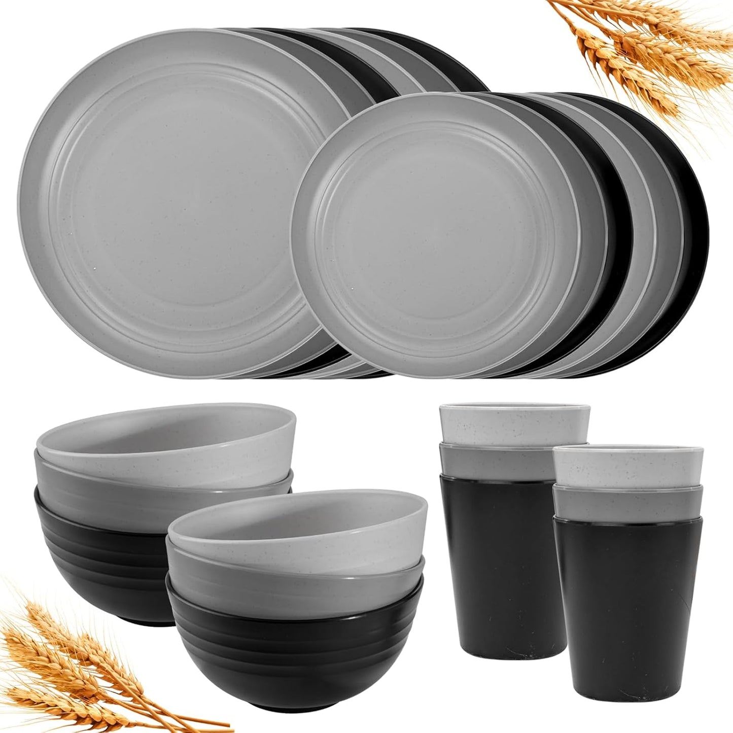 Rubtlamp 24 Pcs Wheat Straw Dinnerware Sets, Unbreakable Reusable Plastic Wheat Straw Bowls & Plates Dinner Set, Microwave And Dishwasher Safe Plates, 12Plates, 6Bowls, 6Cups for Party(Beige)