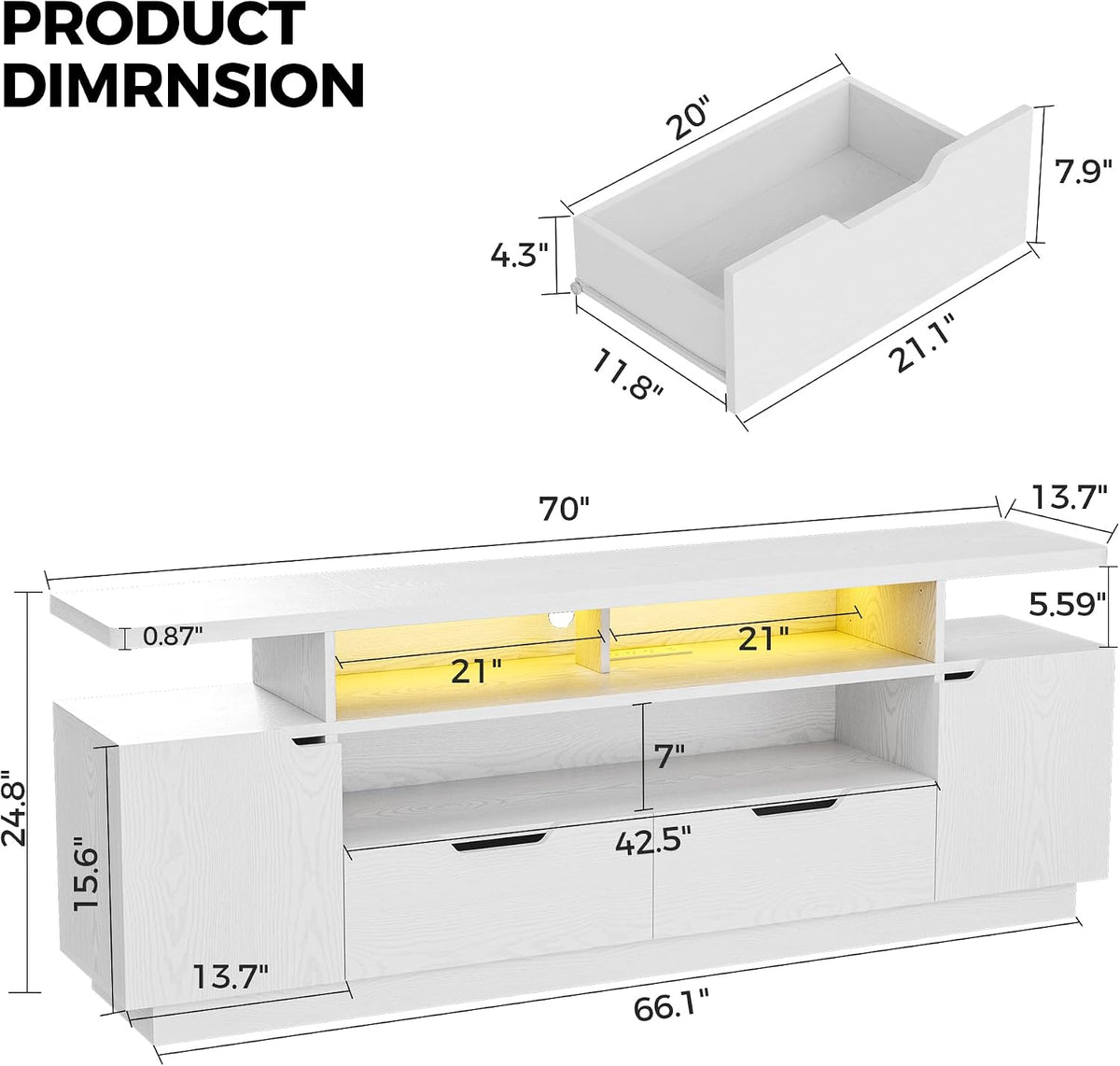 IRONCK TV Stand for TVs up to 85", LED Lights and Power Outlets, White