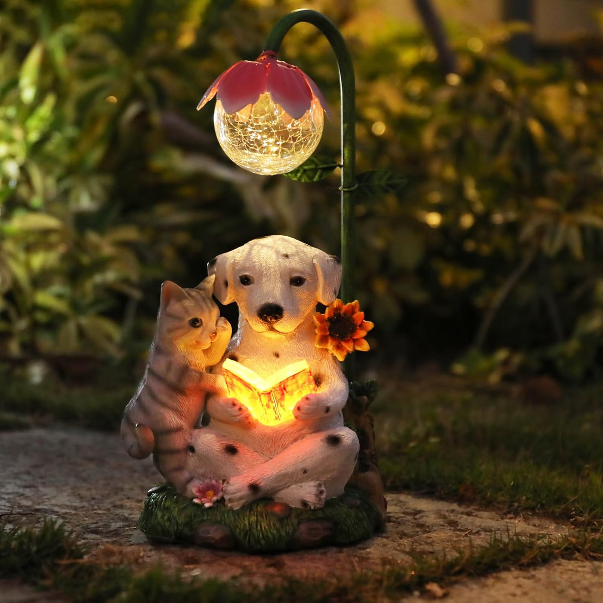 Dog And Cat Solar Garden Light, Cute Resin Figurine with Reading Scene