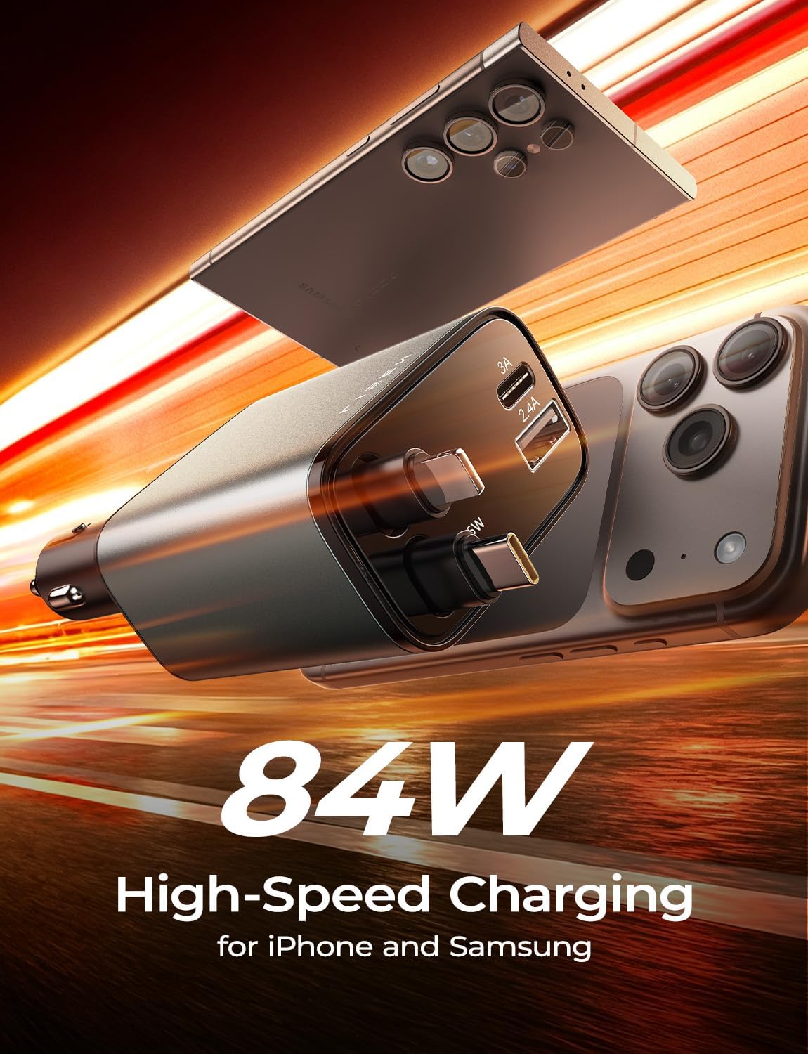 LISEN Retractable Car Charger, 84W Car Charger USB C Fast Charger Adapter for iPhone, Car Accessories for Men Women, Gifts for Fathers Day for Men Dad Husband, for iPhone 17 16 15 14 13 12 11 Samsung