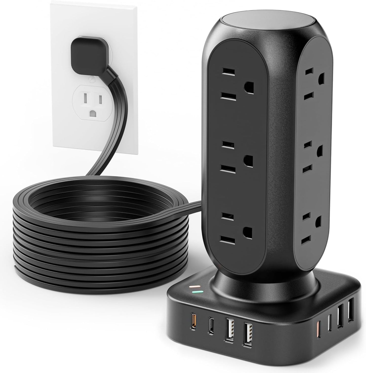 Flat Plug Power Strip Tower 10FT, 40W Total Fast Charging Station, Dual PD 20W USB-C Charger Tower with 12 AC Outlets and 8 USB Ports (4 USB C), Long Extension Cord for Home Office Dorm Room