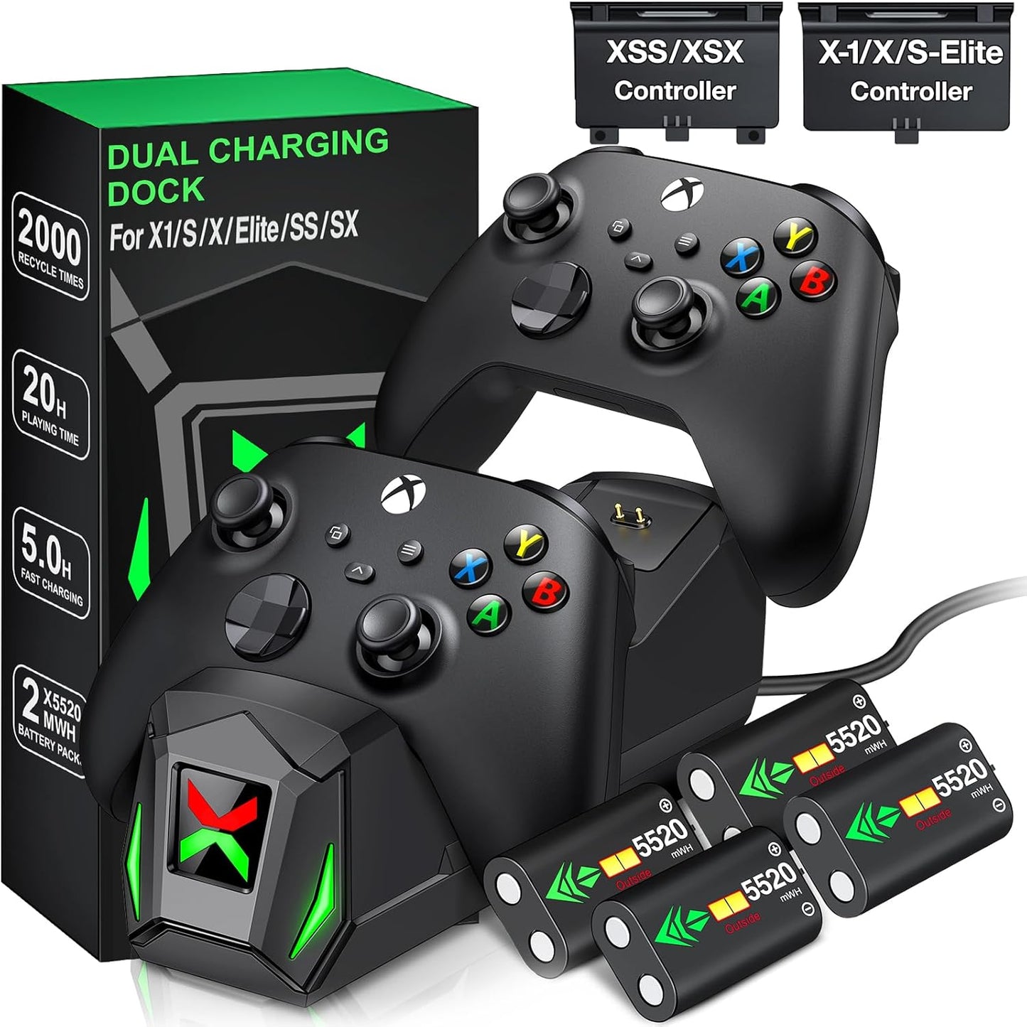 Upgraded Controller Charger Station with 2x6200mWh Rechargeable Battery Packs for Xbox One/Series X|S, Dual Charging Dock for Xbox One Battery Pack (Controller not Included)