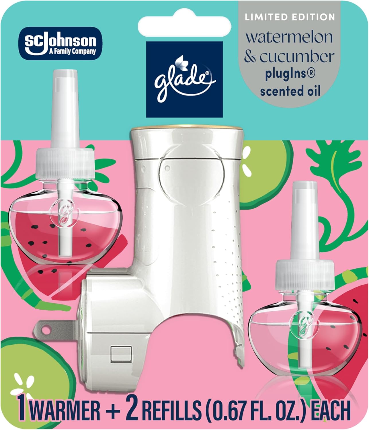 Glade PlugIns Refills Air Freshener, Watermelon & Cucumber, Scented and Essential Oils for Home and Bathroom, 0.67 Fl Oz, 5 Count