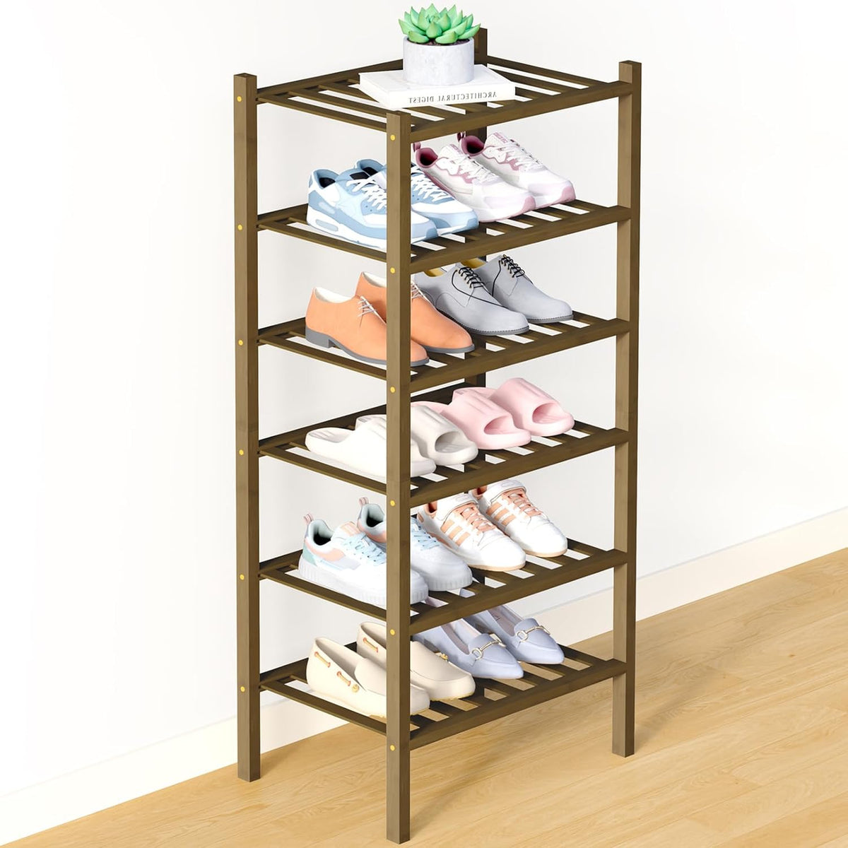 Smiry Bamboo Shoe Rack for Closet, 3 Tier - 26.77" Wide, Walnut