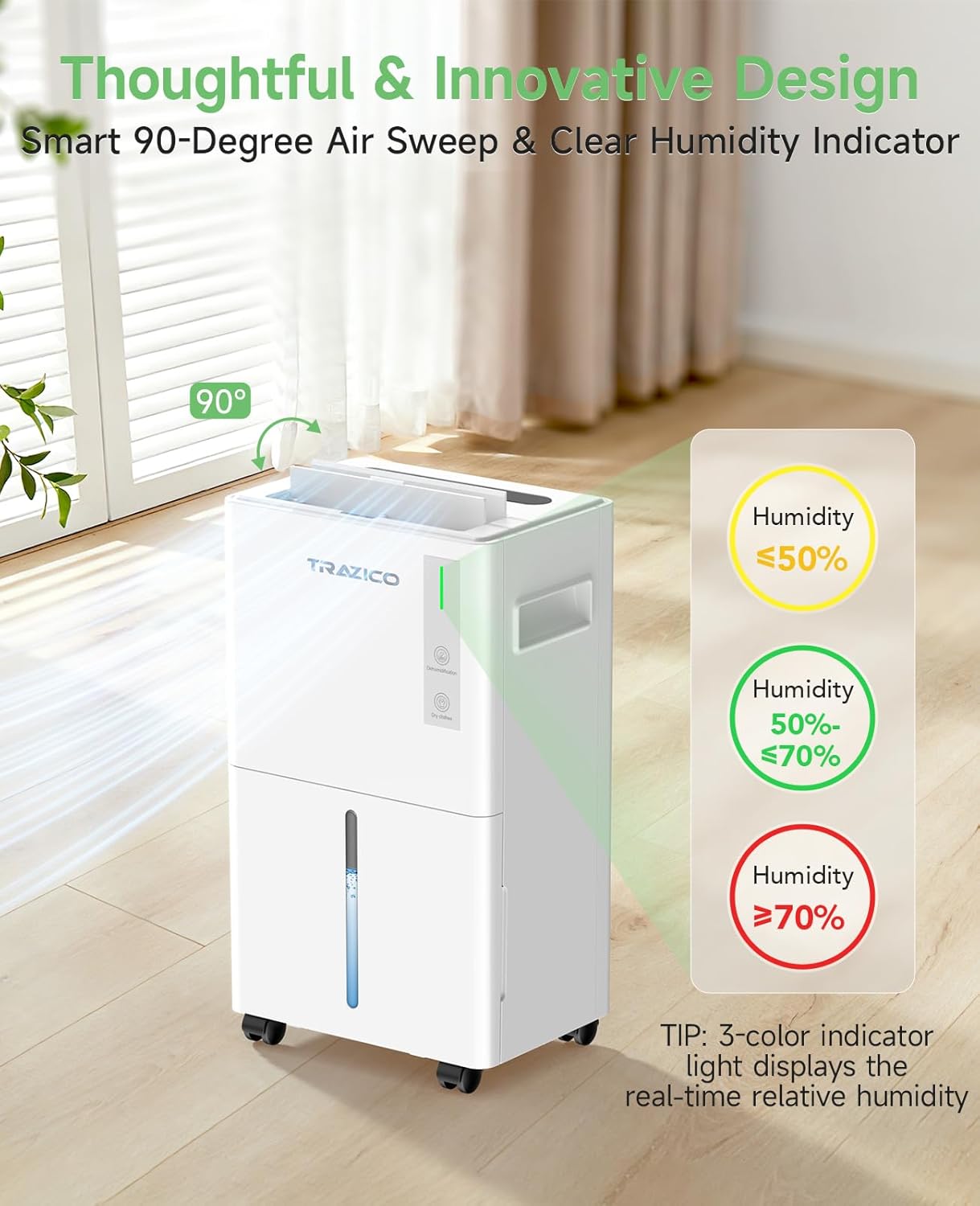 1500 Sq.ft Dehumidifier for Basement, Trazico Max 21 Pint/Day Dehumidifiers for Home, Large Room, Bedroom with Drain Hose, Quiet Smart Humidity Control, 3 Modes, 24H Timer, Auto Defrost