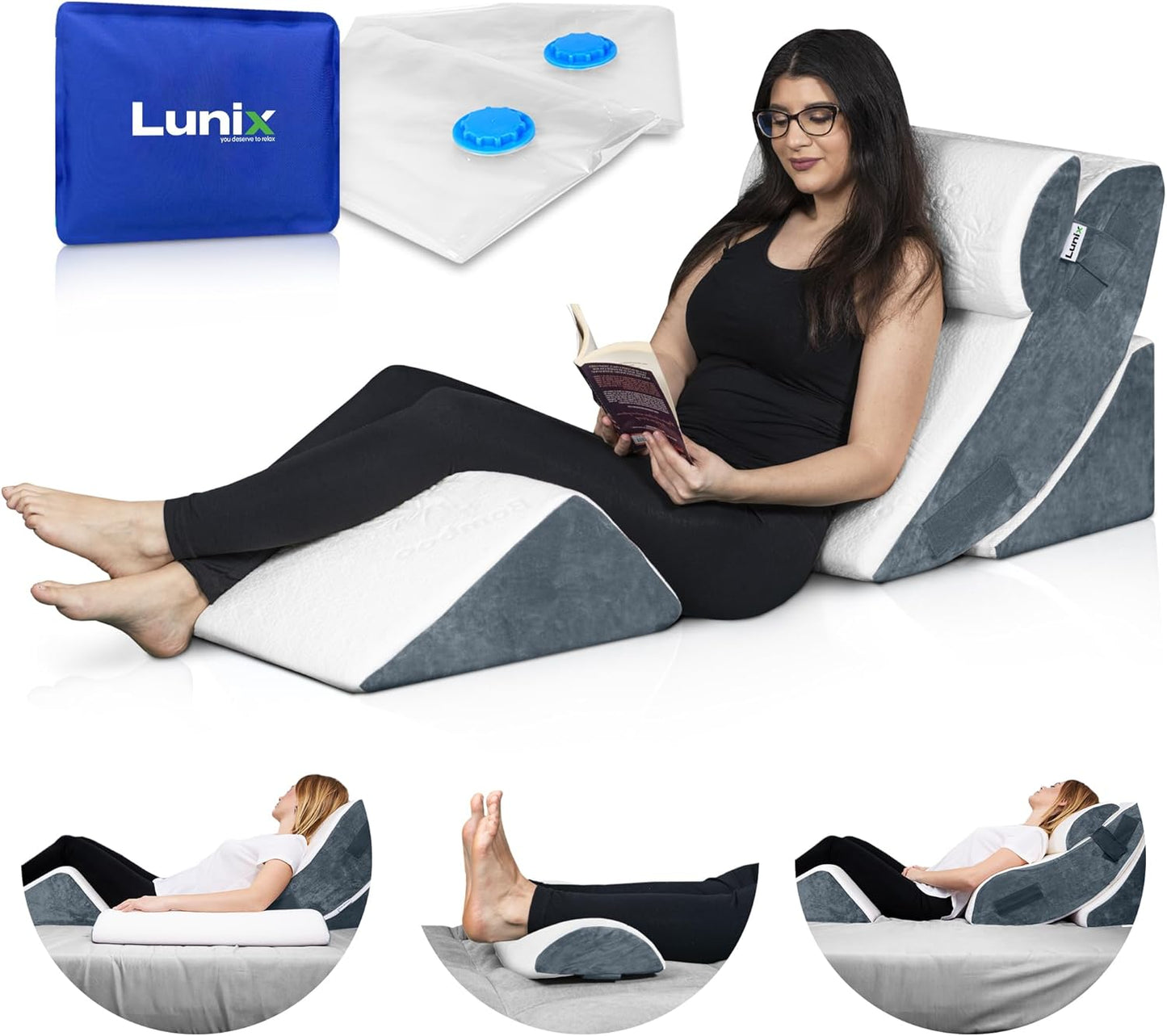 Lunix LX5 4-Piece Support for Shoulder & Upper Body Rest, Orthopedic Bed Wedge Pillow Set, Elevated Memory Foam for Post-Op Recovery & Sleep Comfort, Stone Navy