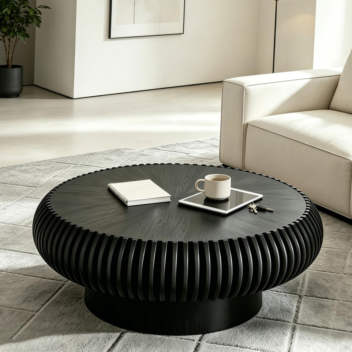 31" Black Round Drum Wood Fluted Coffee Table (E, 1PC) | For Living Room, Wooden Grooves, Circle Pedestal Center Table, Farmhouse Modern Style, For Small Spaces, Easy Assembly