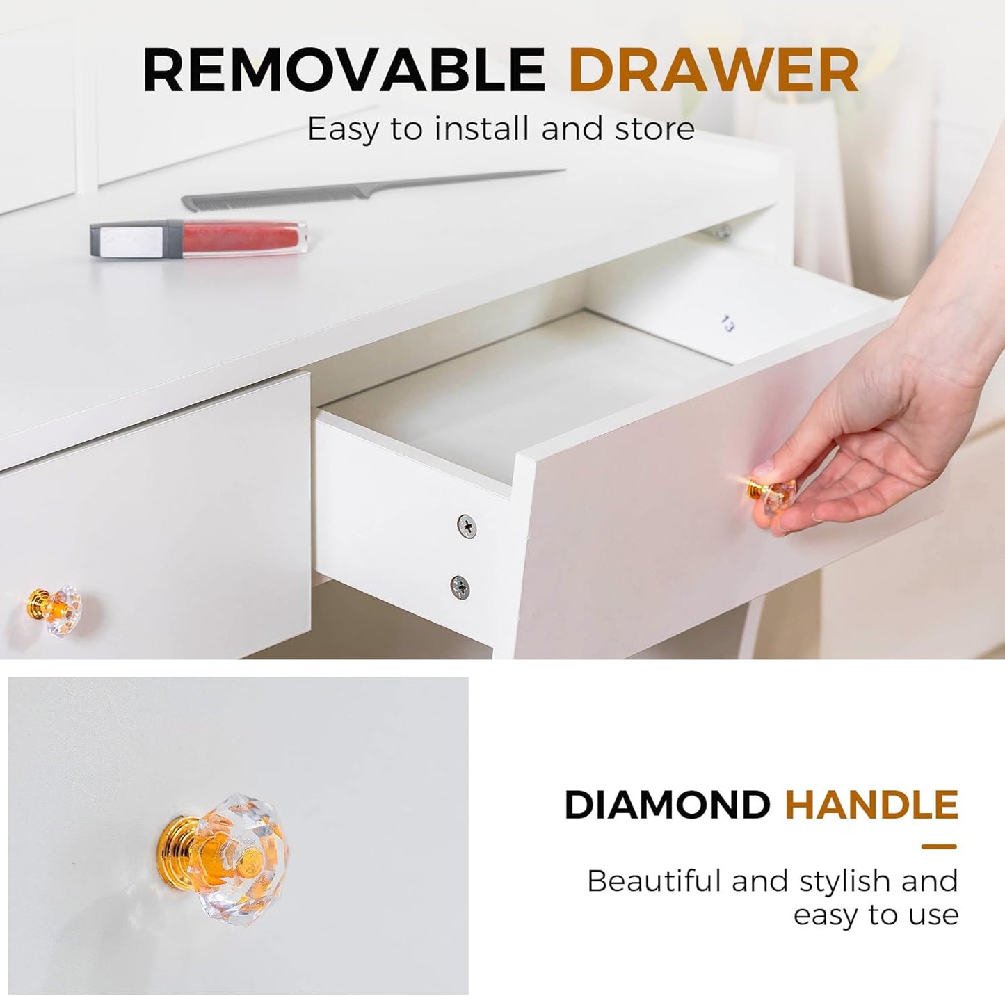 COMHOMA Makeup Vanity Desk with Mirror and Lights, Vanity Table and Chair Set with 5 Drawers and Charging Station, Bedroom Dresser LED Mirror Stepless Dimmable & 3 Color Modes Adjustable, Pearl White