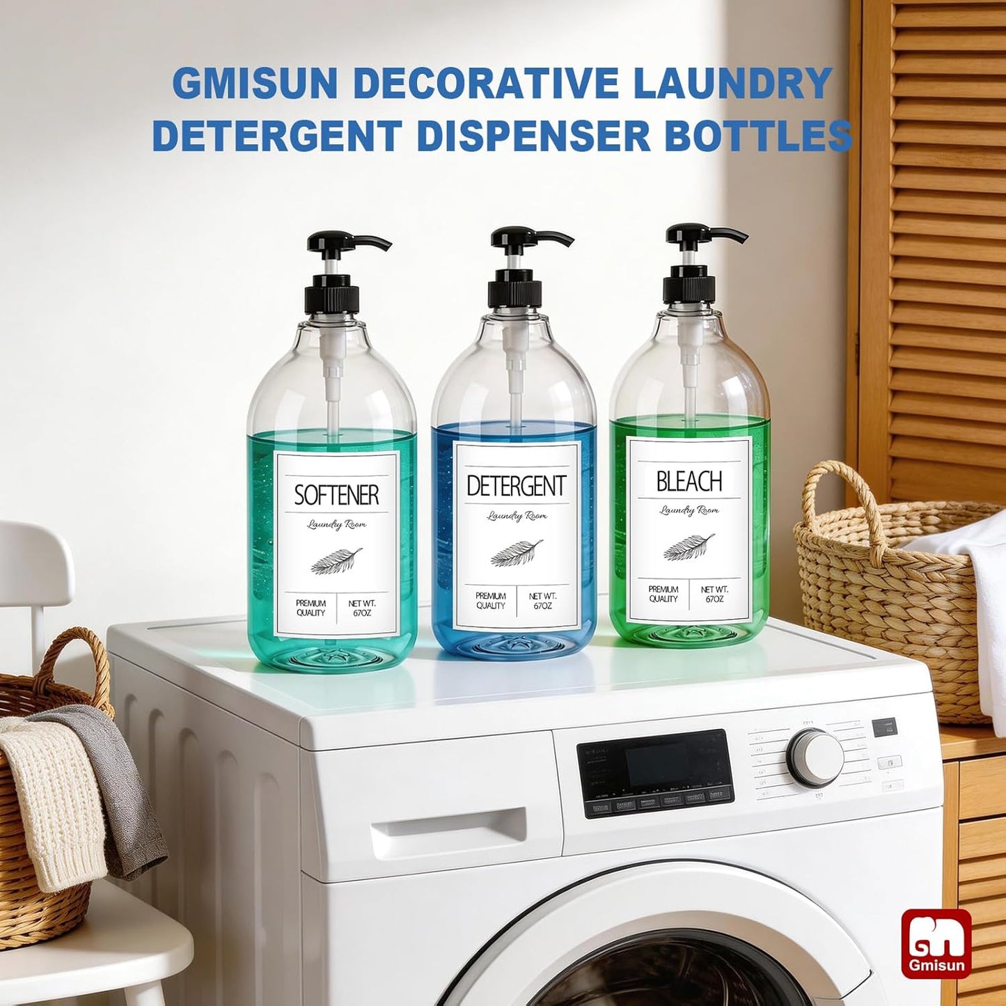 GMISUN Laundry Detergent Soap Dispenser, Liquid Laundry Detergent Dispenser, Container for Farmhouse Laundry Room Decor, Organizer for Liquid SoftenerBleach Heavy Duty Plastic Bottle(64 Oz 3 Pack)