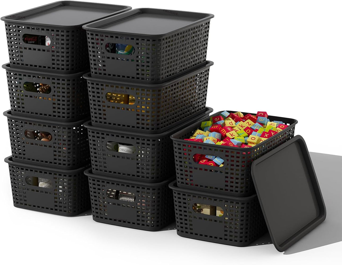 ORGIDOL Plastic Storage Basket with Lids 10 Pack Stackable Storage Bins Containers with Lid, Decorative Storage Boxes for Organizing Shelves, Drawers, Playroom, Classroom, Office, Closet, Grey