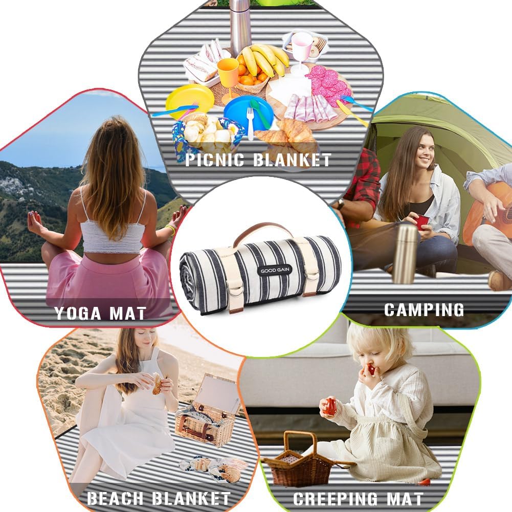 G GOOD GAIN Waterproof Picnic Blanket Portable with Carry Strap for Beach Mat or Family Outdoor Camping Party (Berry Blue)