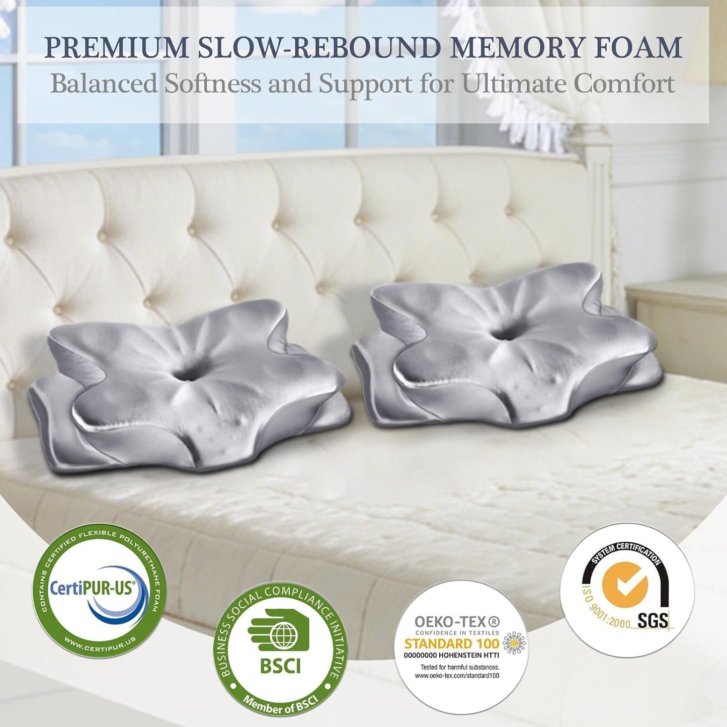 CCidea Cervical Neck Support Pillow for Sleeping & Pain Relief – Ergonomic Contour Memory Foam Pillows for Side/Back/Stomach Sleepers, 2 Heights with Removable Silk Satin Cover - Gifts for Men & Women