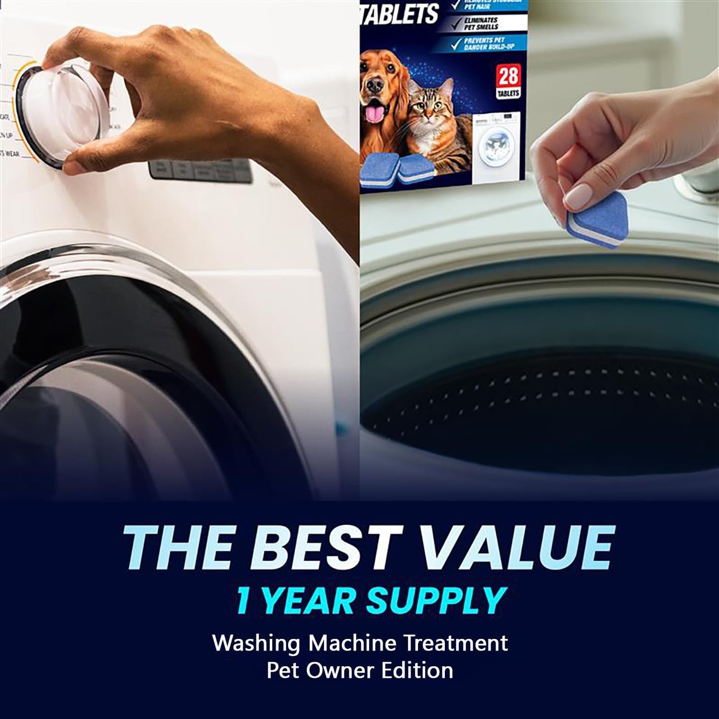 Washing Machine Cleaner Pro Tablets for Pet Owners - 28 Pack, Front & Top Load Washer Deep Cleaning, Septic Tank Safe, HE Support, Remove Stubborn Pet Hair, Eliminates Smells, Prevents Dander Build-up