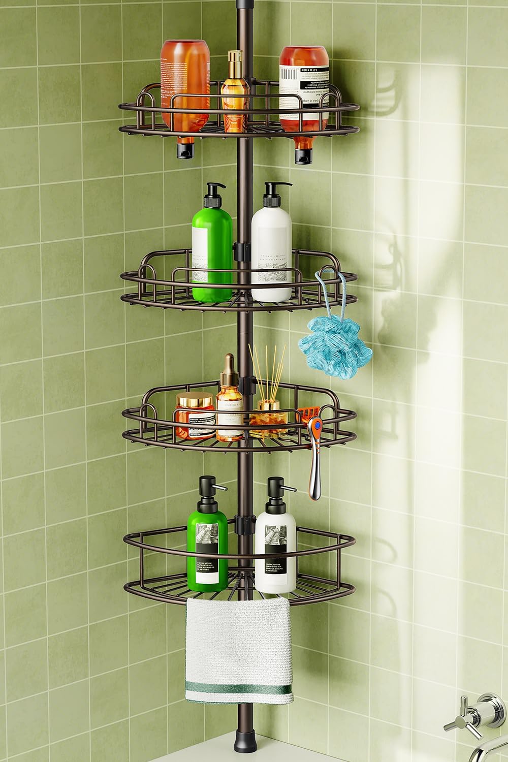 HAMITOR Corner Shower Caddy Tension Pole: Rustproof Bathroom Organizer Shelves for Bathtub Shampoo Accessories Storage Holder - 47-121 Inch Adjust - White