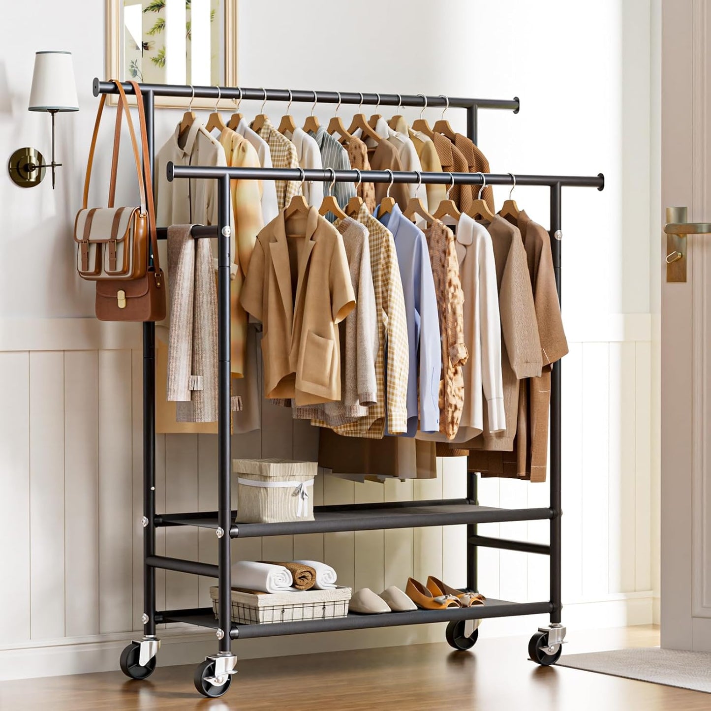 HYSEYY Clothes Rack,Double Rods Rolling Clothing Rack for Hanging Clothes,Portable Garment Rack with 2-Tier Storage Shelves,Free Standing Wardrobe Closet Coat Rack on wheels for Bedroom,Laundry Room