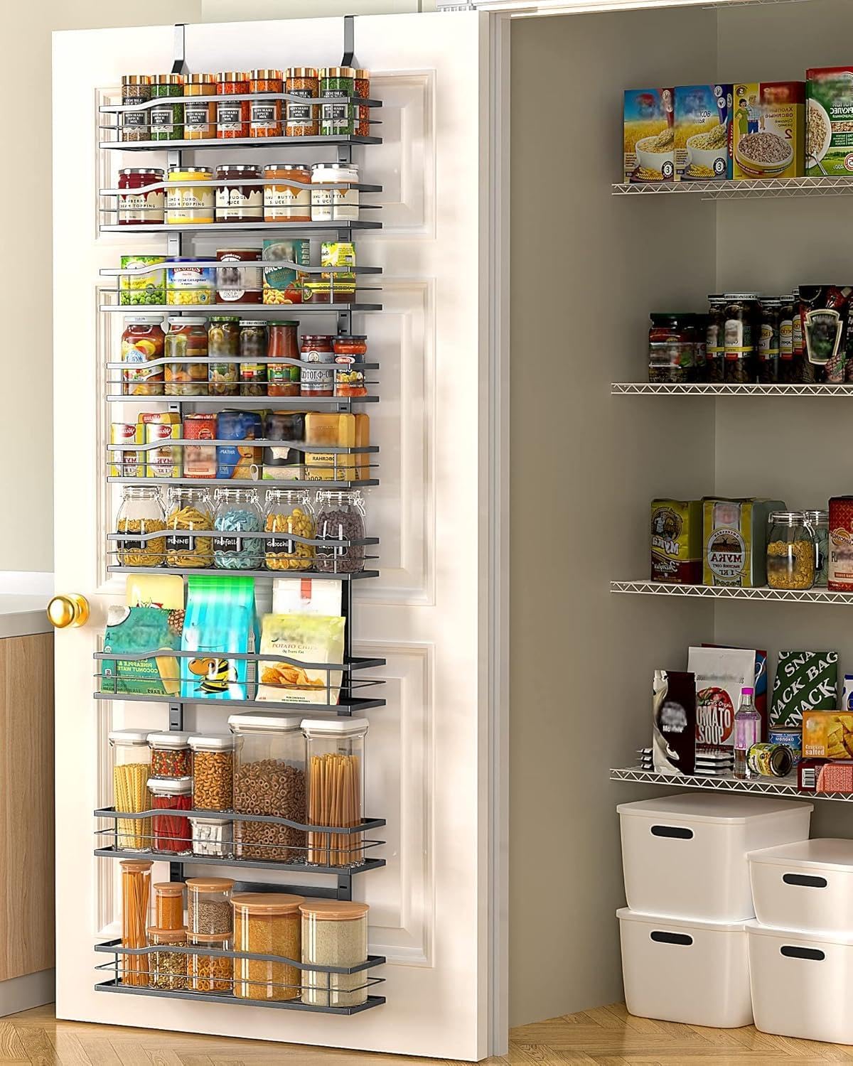 Moforoco Pink 9-Tier Over The Door Pantry Organizer, Pantry Organization and Storage, Black Hanging Basket Wall Spice Rack Seasoning Shelves