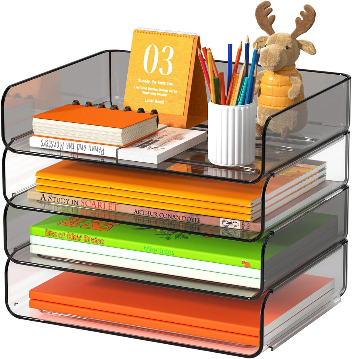 FANXIYQ 4-Tier Acrylic Paper Tray Organizer Brown Stackable Paper Organizer
