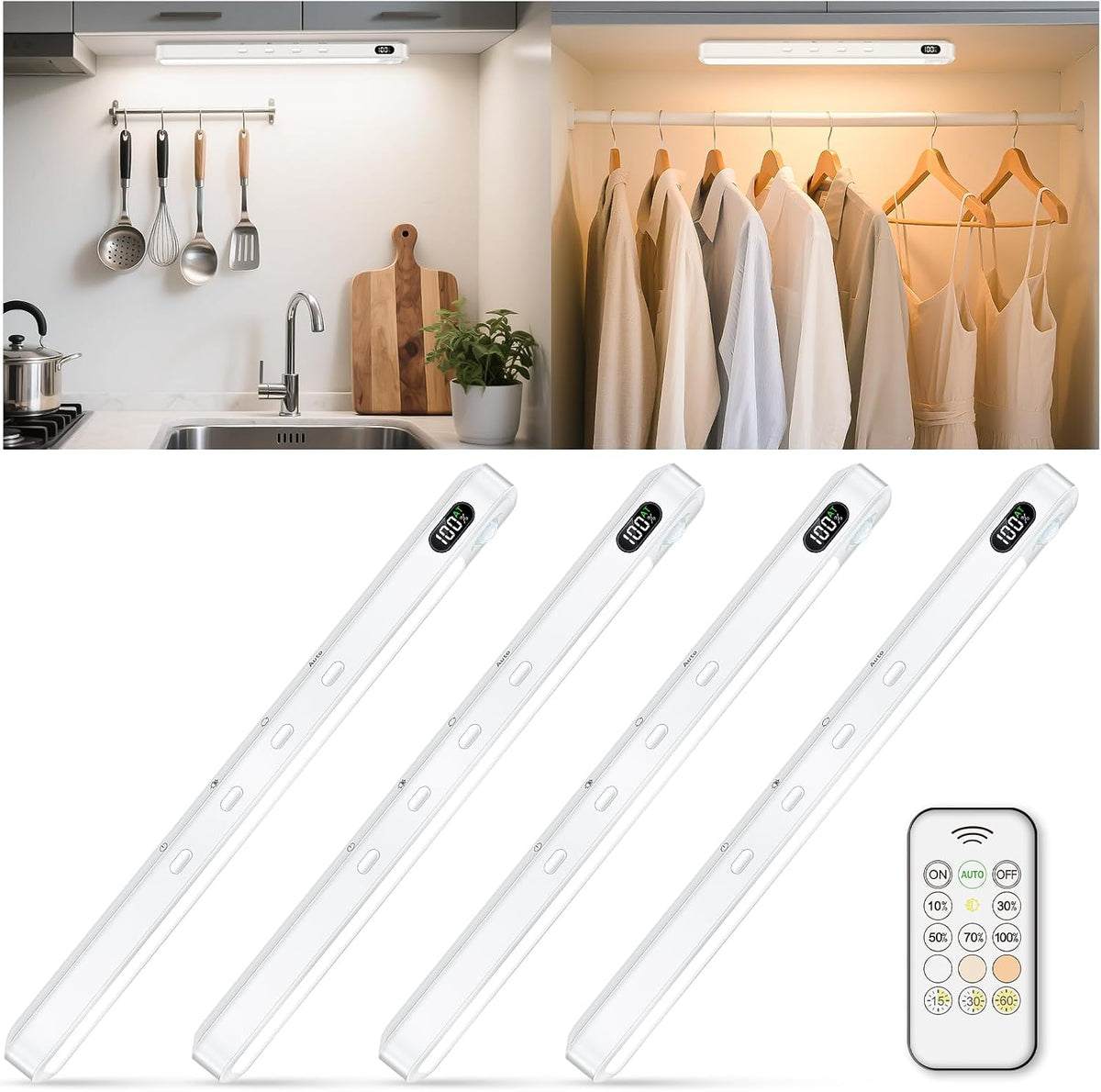 WILLED Under Cabinet & Closet Lights with Remote, Motion Sensor, Rechargeable, Magnetic, 3 Color Temps, Dimmable LED Light Bar for Indoor Kitchen Counter (4 Pack, Black)