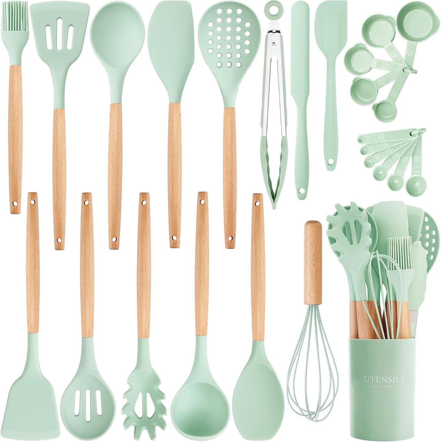 26 Pcs Silicone Cooking Utensils Set with Holder, NCUE BPA Free Kitchen Utensils Set for Cooking, 446°F Spatulas Silicone Heat Resistant Wooden Handle Spoon Tongs Non-stick Kitchen Gadgets (Khaki)