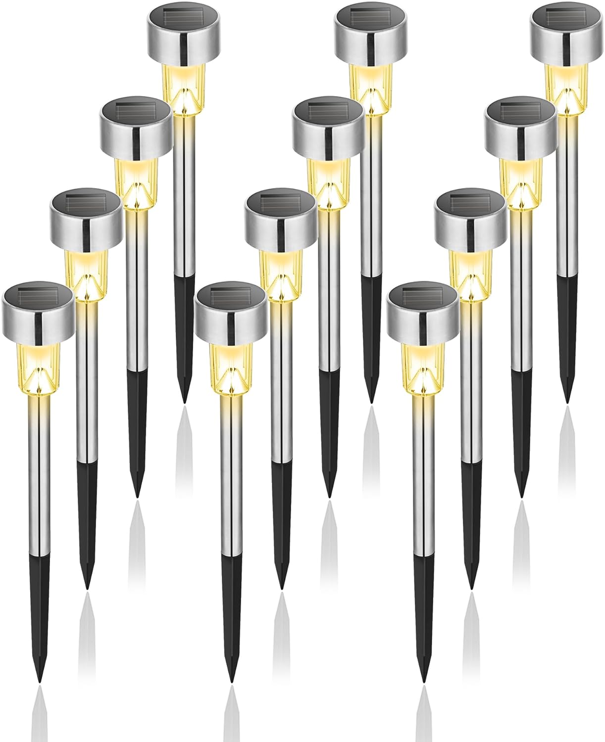 GIGALUMI Solar Lights Outdoor Waterproof, 12 Pack, Stainless Steel LED Solar Garden Lights for Patio, Lawn, Yard and Landscape, Cold White