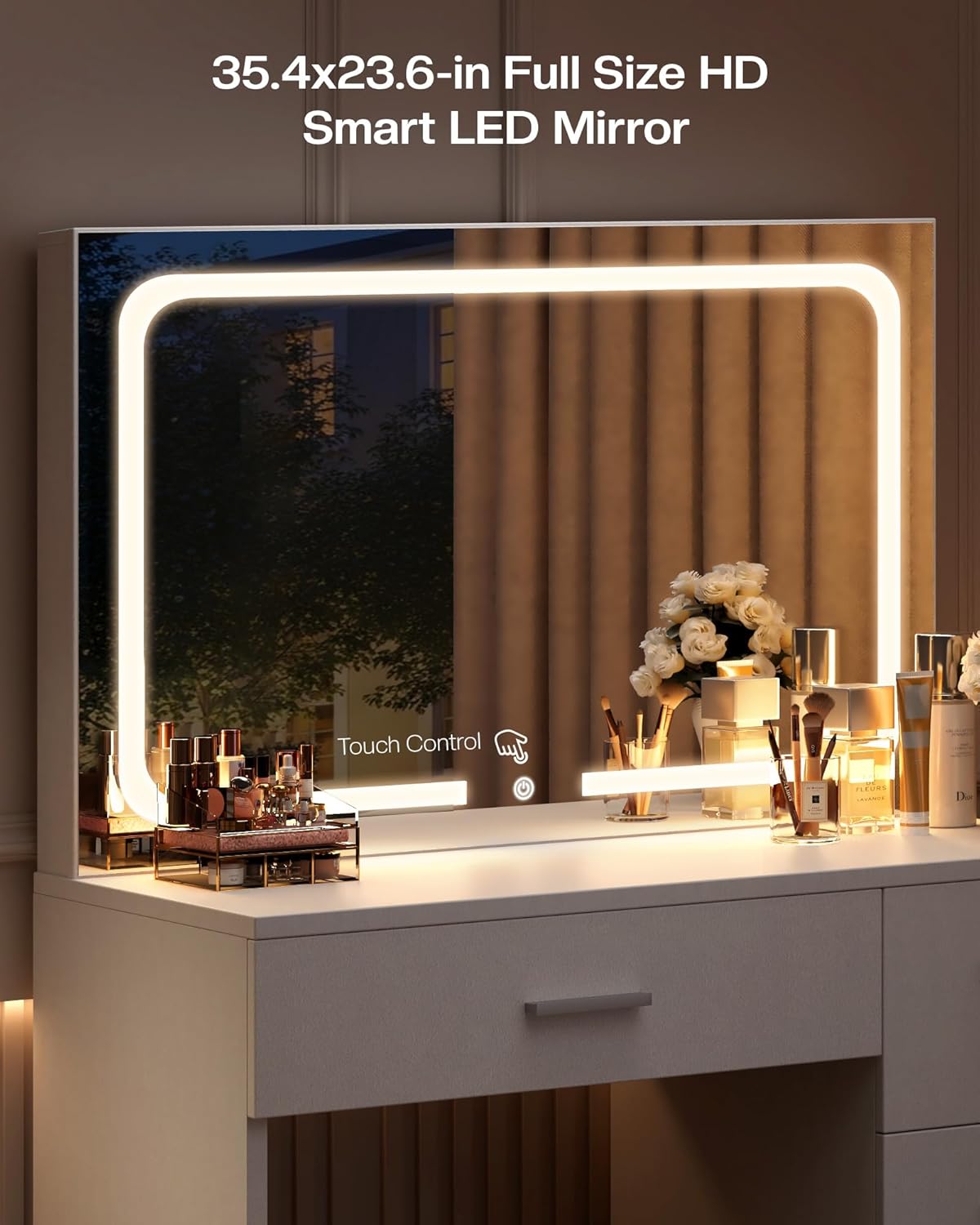 LIVELYGLOW Makeup Vanity Desk with Charging Station & LED Mirror – 35.4" Vanity Set with 4 Drawers, 3 Lighting Modes – Modern Bedroom Furniture (15.7" D x 35.4" W x 53.9" H), White