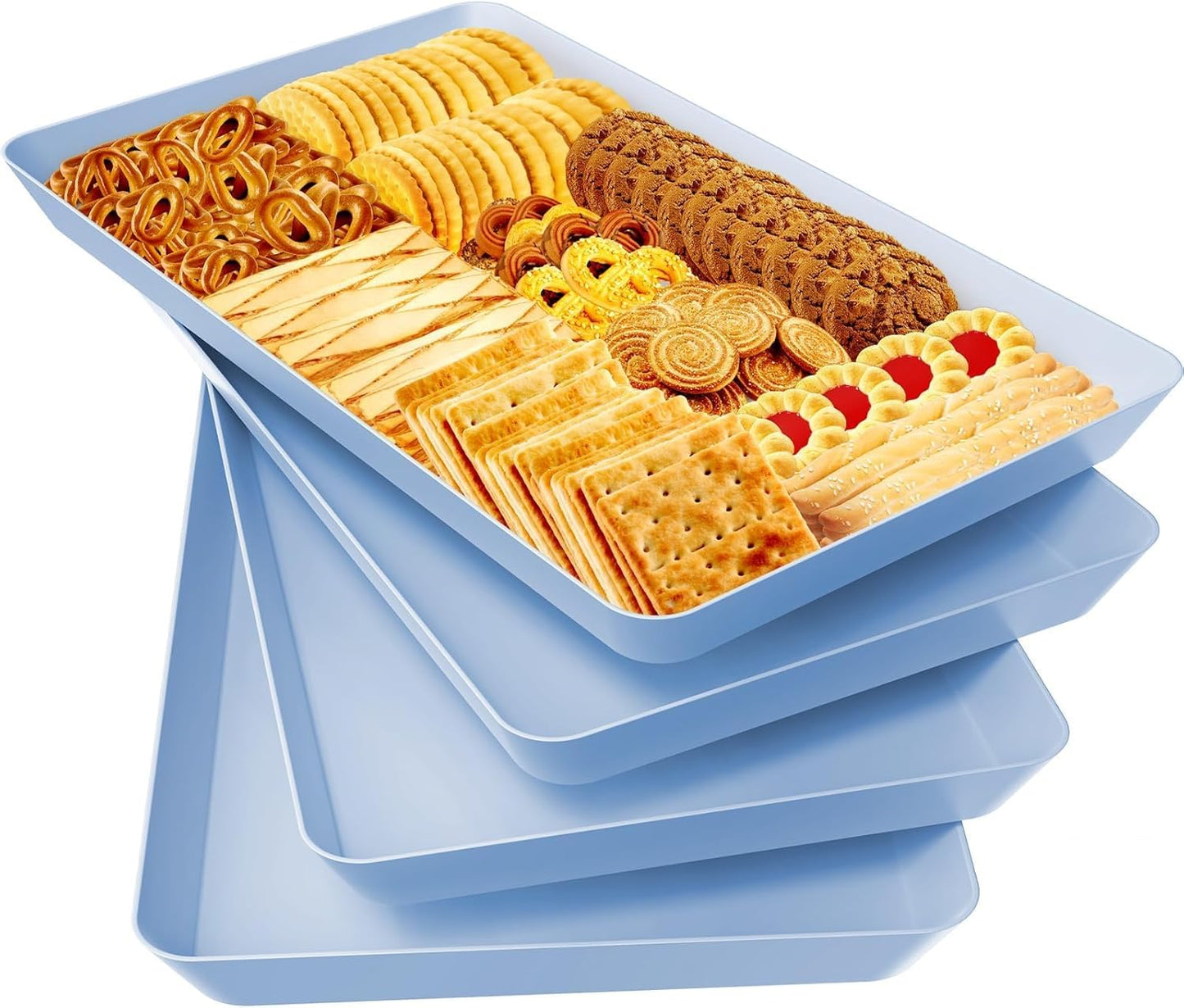 WOWBOX 4 pcs Serving Tray for Entertaining, Serving Platters for Snacks, Fruit, Cookies, Dessert, Reusable Plastic Trays for Serving Food, (White, Black, Green, Red)