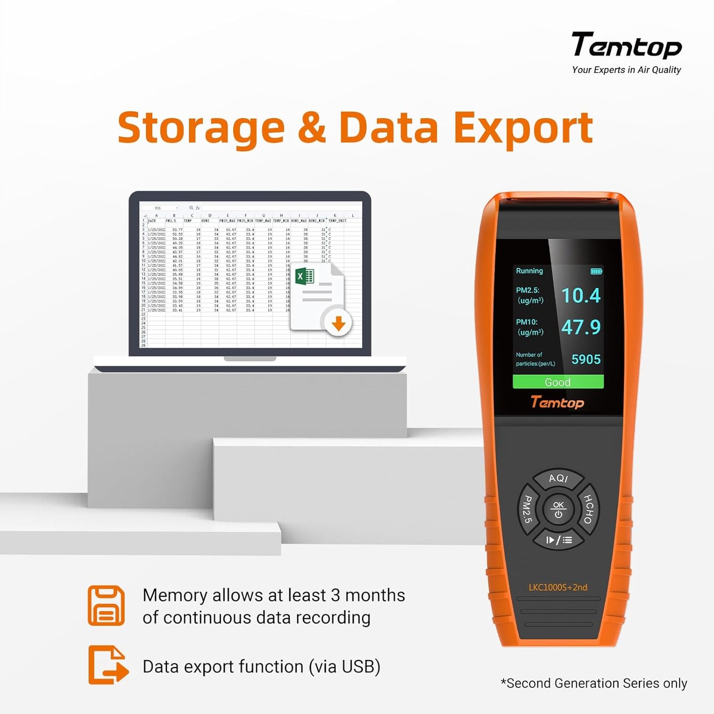 Temtop Air Quality Monitor PM2.5 PM10 Particle Counter, Formaldehyde, Temperature, Humidity, TVOC AQI Tester for Indoor/Outdoor Air Pollution Detection w/Data Export