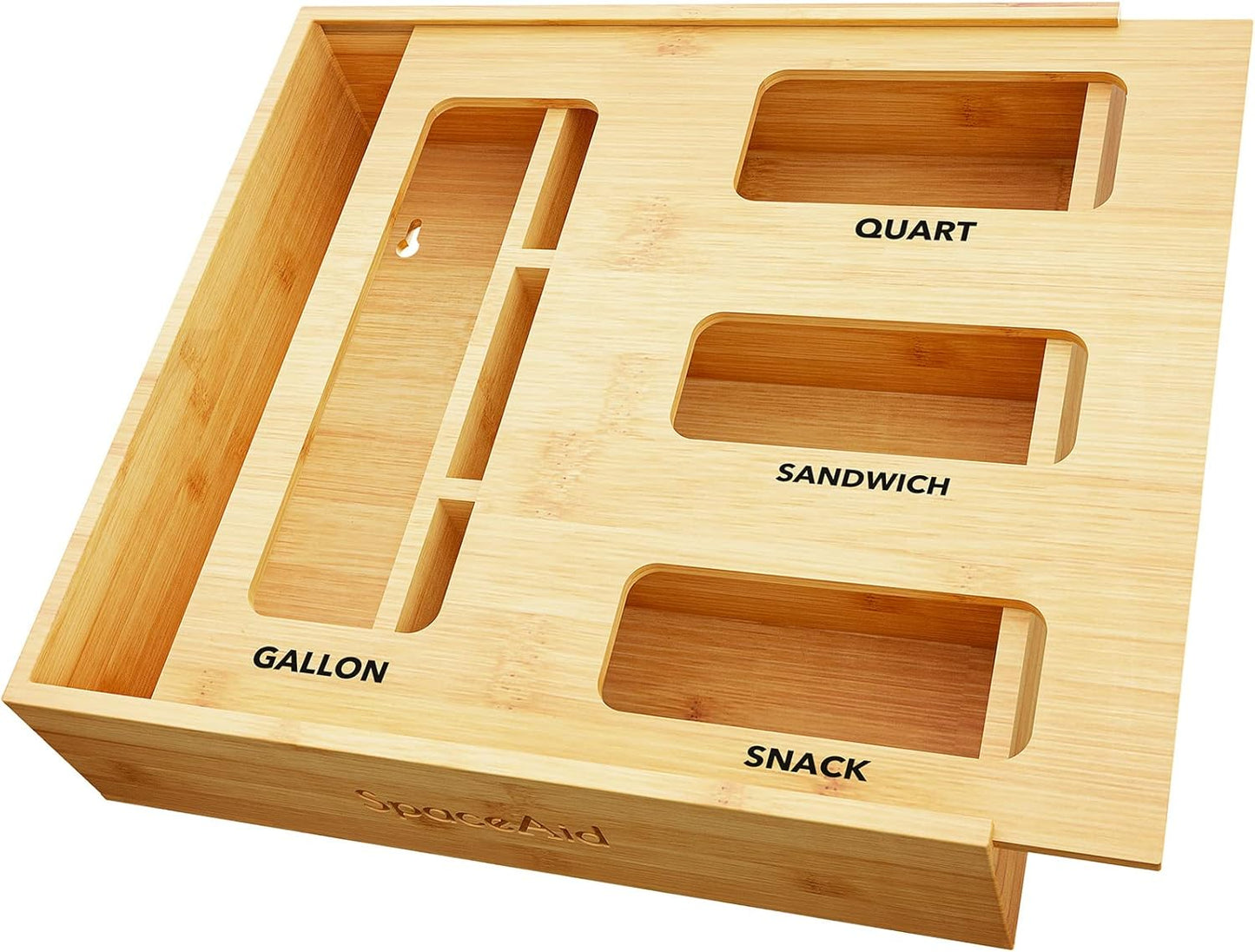 SpaceAid Bag Storage Organizer for Kitchen Drawer, Bamboo Organizer, Compatible with Gallon, Quart, Sandwich and Snack Variety Size Bag (1 Box 5 Slots)