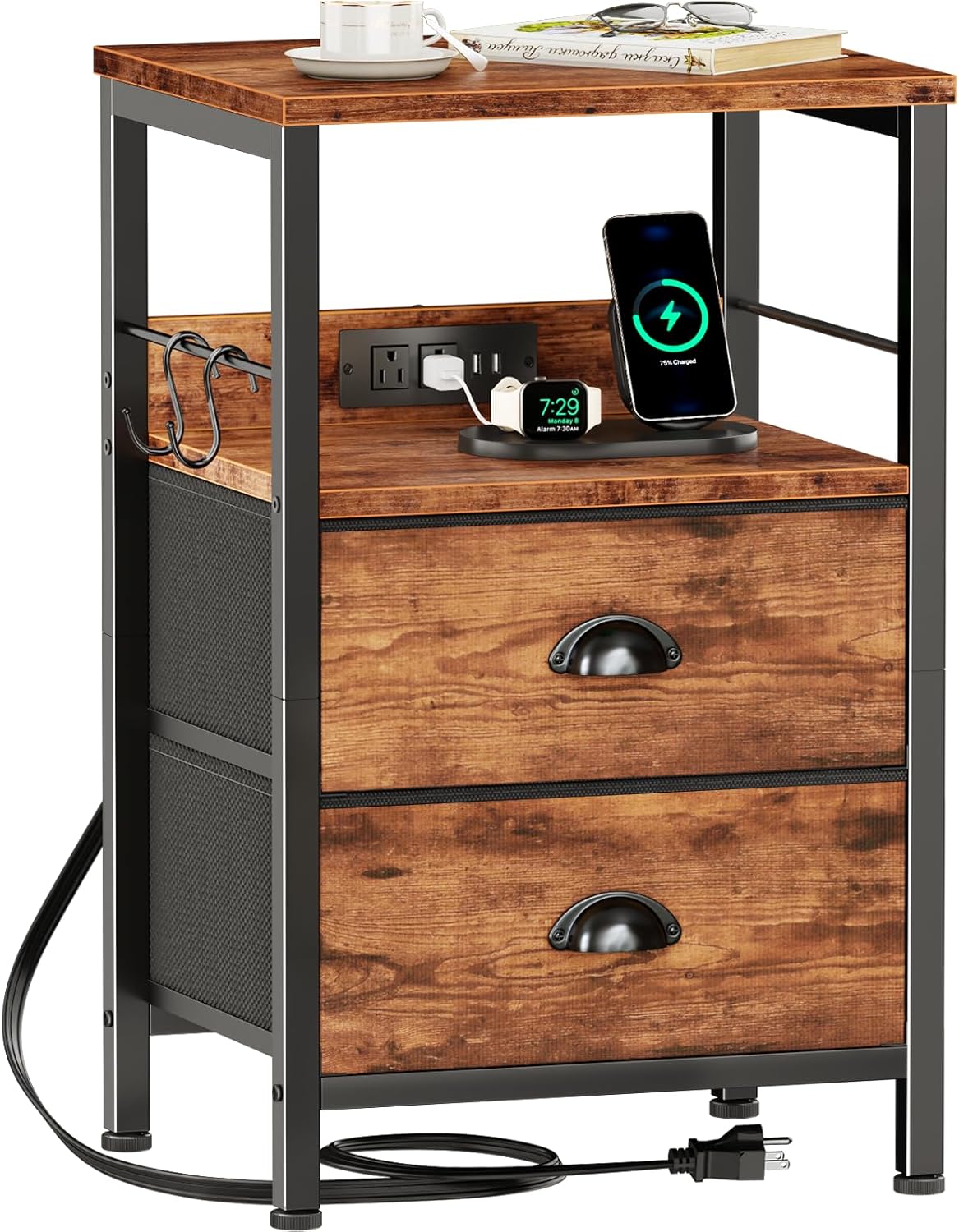 Furologee Nightstand with Charging Station, Black Night Stand with 2 Fabric Drawers, Side Table with USB Ports, End Table with Storage Shelf, for Living Room/Bedroom, Black Oak