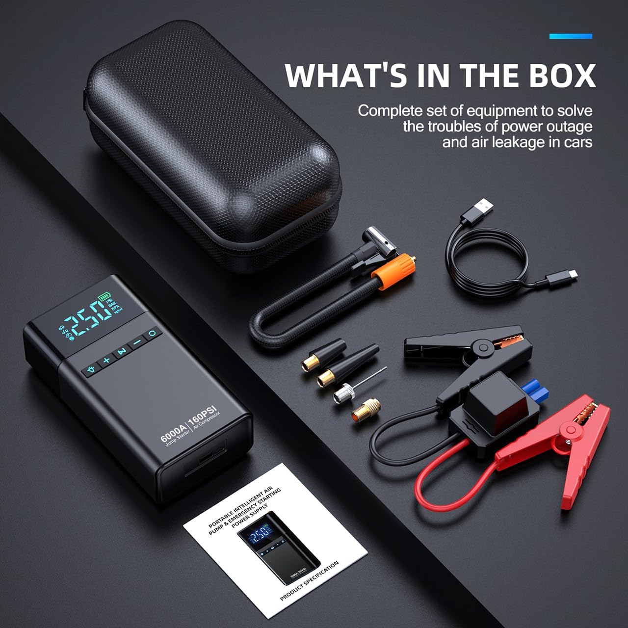 10-in-1 Portable Car Battery Jump Starter with Air Compressor, 6000A 160PSI Portable Car Jumper Starter (All Gas 12L Diesel), 12V Jump Box Car Battery Jump Starter with Jumper Cables, Lights