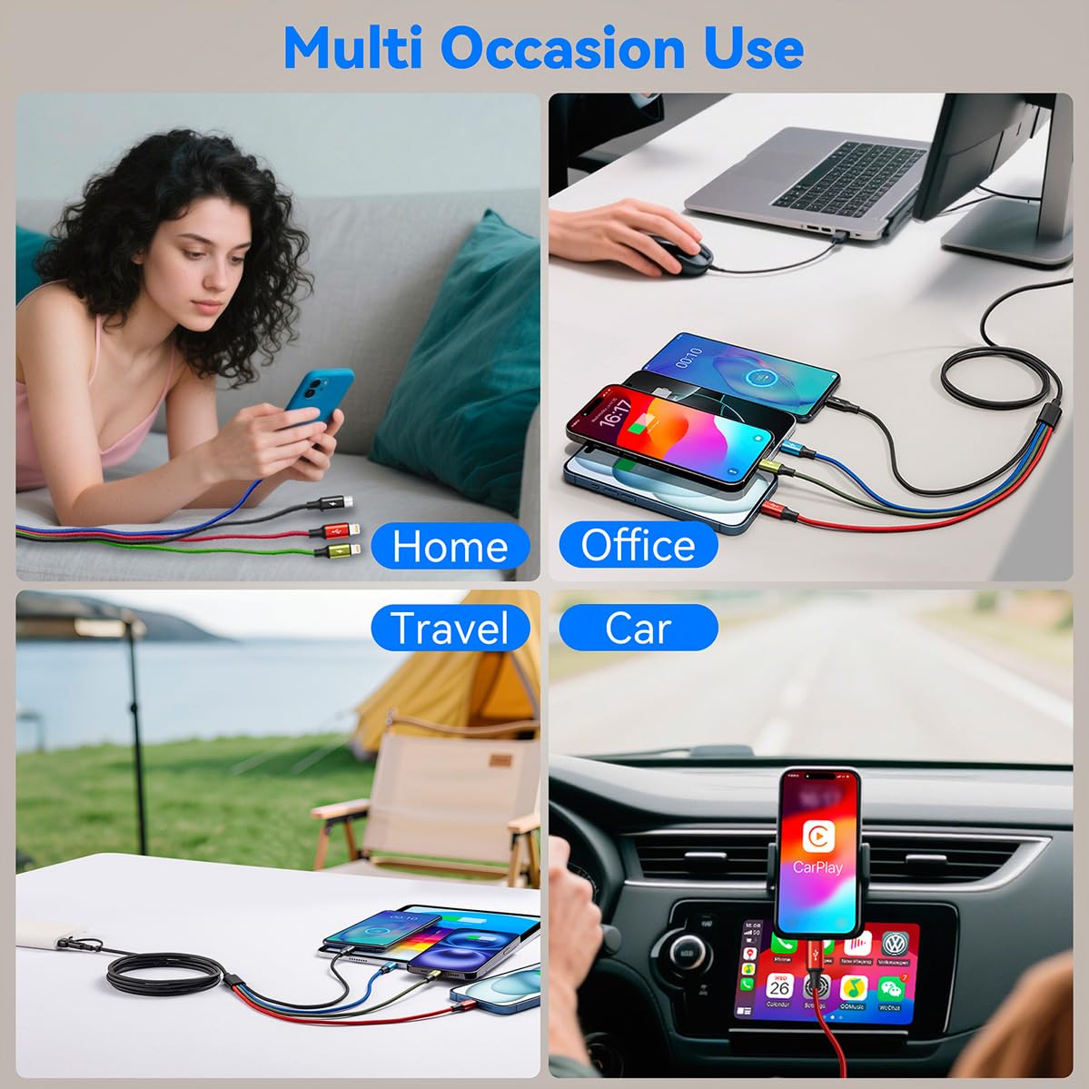 6 in 1 Multiple Charging Cable, 2Pack 6Ft Multi Chargers Cord for All Devices Braided USB A/C to Lightning/Type C/Micro USB Ports Universal Charger Cable for iPhone Series/Samsung/Tablets/PS and More